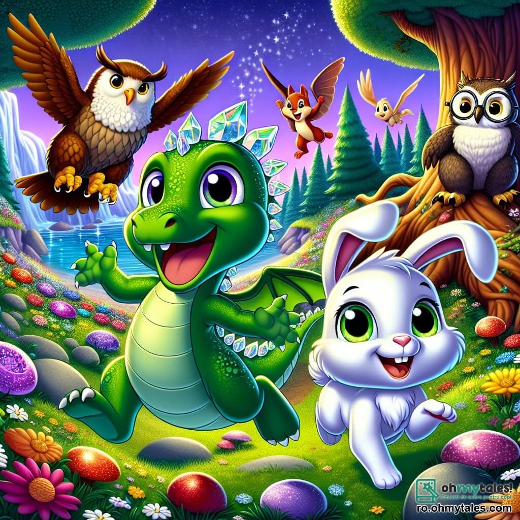 Un mic dragon verde numit Zippy, cu solzi strălucitori și ochi în formă de cristale, zboară vesel deasupra unei insule colorate, afișând un zâmbet mare de entuziasm. Lângă el, un iepuraș alb numit Binky, cu urechi mari și blană moale, sare de bucurie, ochii săi strălucind de fericire. Un bufniță înțelept numit Hoot, cu pene maronii și ochelari rotunzi, îi observă cu o expresie serioasă dar binevoitoare, așezat pe o ramură de copac. Nutty, o mică veveriță roșcată, se cațără pe un copac din apropiere, fața ei strălucind de curiozitate. Decorul este o insulă magică, plină de flori strălucitoare în culori vii, copaci verzi mari și o mare strălucitoare în fundal. În centrul imaginii, grupul de prieteni se pregătește să exploreze o peșteră misterioasă și întunecată, a cărei intrare este împodobită cu pietre prețioase strălucitoare. Situația principală arată cum Zippy și prietenii săi sunt gata să intre în peșteră, fețele lor fiind iluminate de entuziasm și aventură.