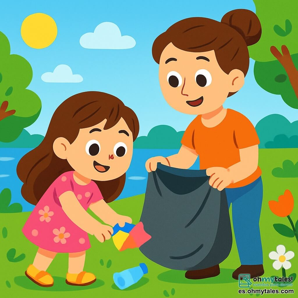 Una niña de 4 años, con largos cabellos castaños y ojos llenos de curiosidad, está recogiendo basura en un parque verde. Lleva un bonito vestido rosa con flores y sandalias amarillas, y su rostro expresa gran alegría y orgullo. A su lado, su mamá, una mujer de unos 30 años con el cabello castaño recogido en un moño, sonríe sosteniendo una gran bolsa para la basura. Están cerca de un lago brillante, rodeado de majestuosos árboles de hojas verdes y flores coloridas que bailan con el viento. La niña, concentrada y entusiasta, recoge un papel de colores, mientras su mamá la anima con una mirada cariñosa. Es un hermoso día soleado, con aire fresco y puro, donde la naturaleza parece vibrar de vida.