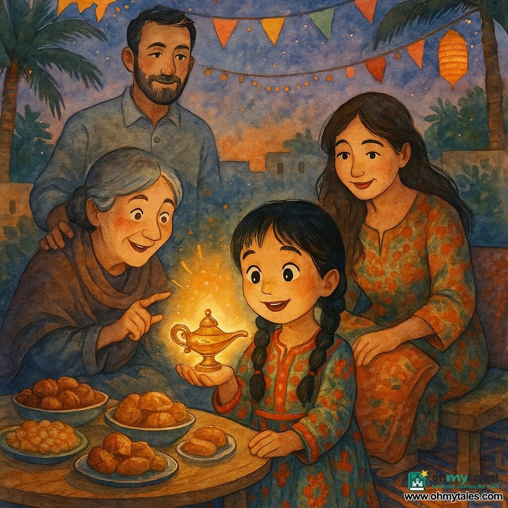 A 6-year-old girl, Amina, amazed with round face, big bright eyes and black braids, in a colorful traditional outfit, holds a small golden magic lantern on her palm that emits a warm glow; her smiling, attentive mother (≈30–35) in a floral dress adjusts a cushion nearby, a calm protective father (≈35–40) with short beard stands slightly behind with his hand on a neighbor’s shoulder, and a mischievous gentle grandmother (≈65–70) with gray hair in a bun and a shawl points at the lantern as if sharing a secret; set in a house courtyard at iftar with a low wooden table of dates, rice and pastries, hanging paper lanterns and garlands, patterned rugs, palm trees and a twilight sky; the lantern floats slightly as Amina offers a greeting, golden light illuminating the faces in a warm, intimate, festive scene in ochres, deep blues and soft oranges, watercolor style with textured details, soft contours and controlled splashes around the lantern to emphasize the magic, composition centered on the girl and the light.