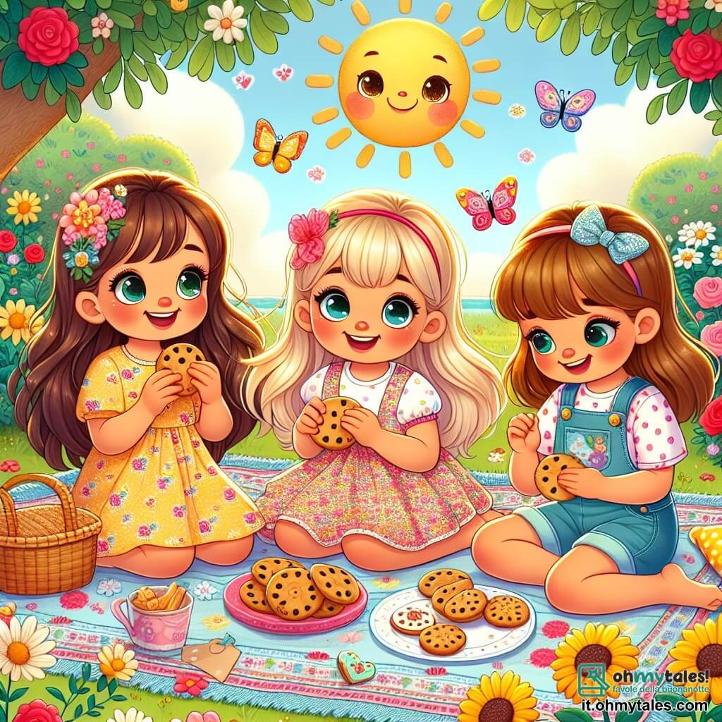 Tre ragazze felici, Sofia, Lila e Mia, sono sedute su un grande tappeto da picnic colorato in mezzo a un giardino soleggiato. Sofia, di 8 anni, ha lunghi capelli castani e indossa un vestito giallo a fiori. Sorride mentre tiene un piatto di biscotti. Lila, anche lei di 8 anni, ha capelli biondi e indossa una maglietta rosa con dei pantaloni corti di jeans. Guarda una bella farfalla che vola vicino a lei. Mia, la più piccola con 7 anni, ha capelli castani e indossa una salopette blu. Sta disegnando un grande sole su un foglio di carta. Il giardino è pieno di fiori colorati, con rose rosse, girasoli gialli e margherite bianche. Gli alberi verdi offrono ombra e il cielo è di un blu intenso con alcune nuvole soffici. Le tre amiche trascorrono un momento magico gustando snack mentre osservano le nuvole e immaginano forme di animali.