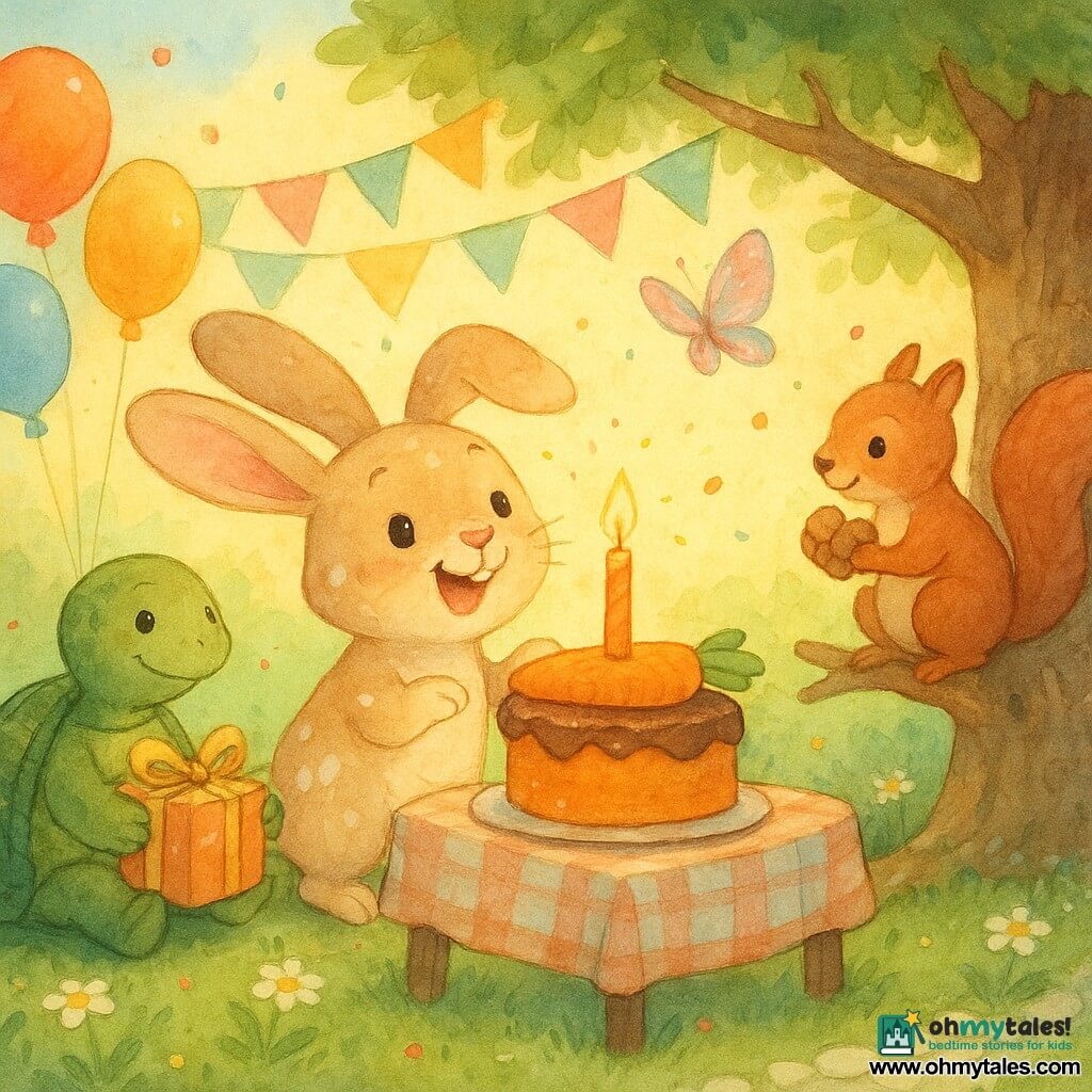 Benny the rabbit, the main character: a small pale-beige rabbit with long floppy ears, white patches, bright round eyes and a wide expressive smile, standing on his hind legs and blowing out a large orange candle on a carrot cake set on a low wooden table; Timmy the turtle: a dark-green speckled-shelled, slow, kind-looking turtle seated to Benny’s left, holding a shiny gift and gently clapping; Squeaky the squirrel: a small reddish-brown squirrel with a cream belly and mischievous eyes perched on a low branch of the old oak to the right, holding a handful of hazelnuts; Flutter the butterfly: a pink-and-blue translucent-winged butterfly resting on a garland above the cake with slightly folded wings and a look of wonder; the garden: dense green lawn dotted with daisies, a rough-trunked oak draped in pastel garlands, a rustic wooden table with a checkered cloth, floating colorful balloons and a winding path of small white pebbles; the scene: a warm, intimate celebration at sunset with scattered confetti and a joyful atmosphere in pastel tones with bright orange, red and green accents.