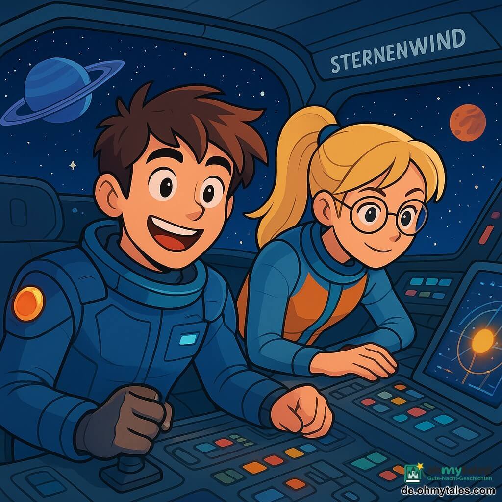 Ein Mann, Kapitän Florian, sitzt im Cockpit seines Raumschiffs "Sternenwind". Er hat zerzauste braune Haare, funkelnde Augen voller Aufregung und ein breites Lächeln, das seine Freude und Entschlossenheit zeigt. Er trägt eine futuristische Pilotenuniform mit blinkenden Lichtern auf der Schulter. Neben ihm beugt sich seine beste Freundin Lina, eine etwa 25-jährige Frau mit einem Pferdeschwanz und runden Brillen, über ein Bedienfeld. Sie schaut Florian ermutigend an, bereit, ihm bei seiner Mission zu helfen. Das Cockpit ist mit leuchtenden Steuerpanelen, bunten Knöpfen und Bildschirmen, die Sternkarten anzeigen, gefüllt. Draußen sieht man eine weite Landschaft aus funkelnden Sternen und bunten Planeten, die eine magische und geheimnisvolle Atmosphäre schafft. Die Hauptsituation zeigt Florian und Lina bei den Vorbereitungen für ihre interstellare Reise, während ein mysteriöses leuchtendes Objekt auf dem Bildschirm erscheint und ihre Aufmerksamkeit erregt.