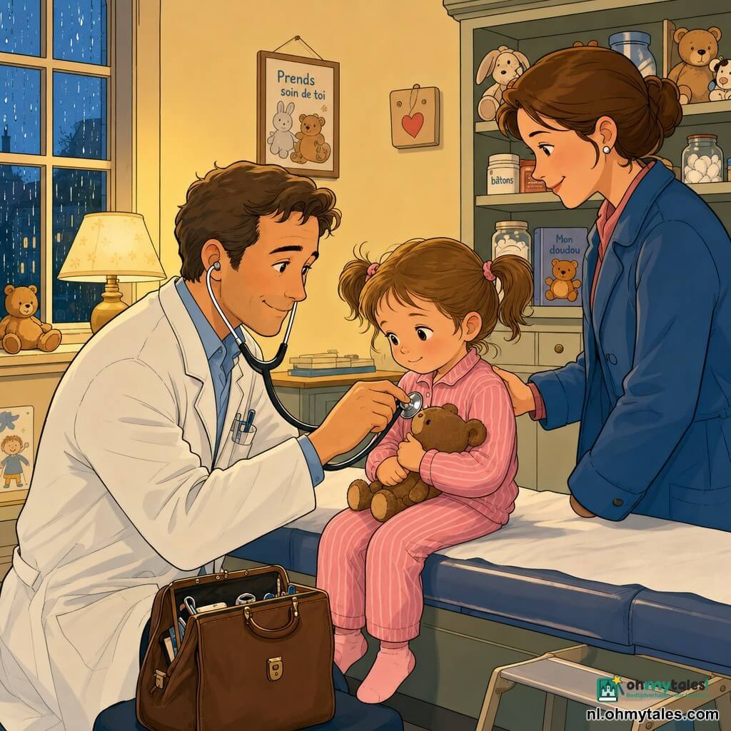 De hoofdpersoon is een mannelijke dokter met een zachte glimlach en vriendelijke blik; hij draagt een lichte doktersjas, heeft een bruine leren tas, haalt een stethoscoop tevoorschijn en knielt licht om zacht te spreken terwijl hij naar het hart van een vierjarig meisje luistert. Het meisje, met twee staartjes en een roze gestreept pyjama, houdt een teddy tegen zich aan en zit iets verlegen op de onderzoekstafel, de moeder met opgestoken haar en een blauw mantel staat bij de deur met een opgeluchte glimlach en hand op de schouder van haar dochter. De kamer is een gezellige avondsetting met warme lampen, crèmekleurige muren, planken met potjes en knuffels en een door de regen nat raam; de sfeer is rustig, veilig en zacht verlicht.