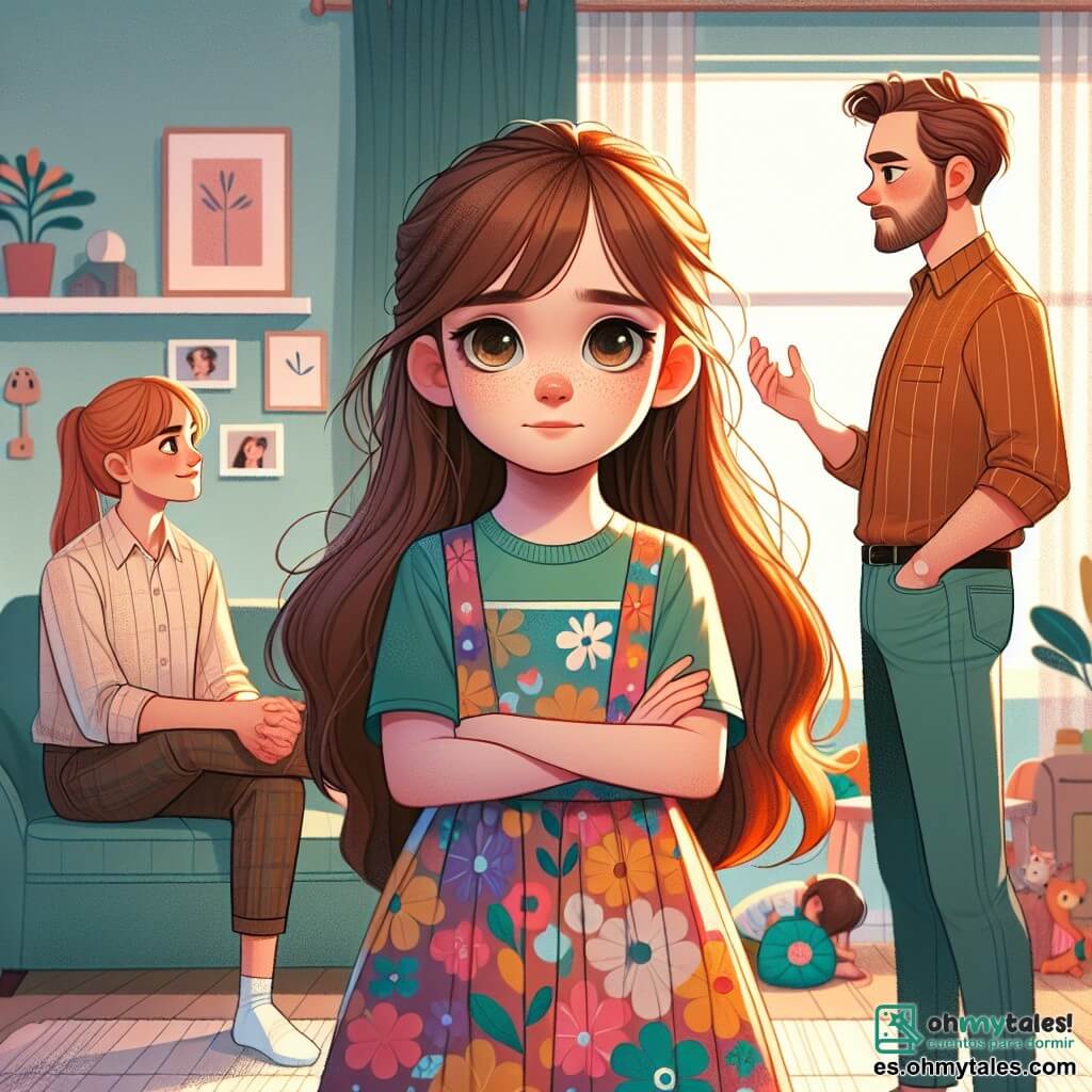 Una niña de 10 años, Clara, se encuentra en el centro de la imagen, con largos cabellos castaños y ojos brillantes. Lleva un vestido colorido con estampados de flores y tiene una expresión preocupada pero decidida mientras mira a sus padres. A su derecha, su papá, un hombre de unos treinta años con cabello castaño y barba ligera, está sentado en el sofá, pensativo y con los brazos cruzados. A su izquierda, su mamá, una mujer de aproximadamente 30 años con cabello rubio y una sonrisa dulce, está de pie con las manos en las caderas, mostrando una expresión comprensiva. El ambiente es un salón acogedor, con paredes de colores pastel, un sofá cómodo, juguetes esparcidos por el suelo y una luz suave filtrándose a través de las cortinas. La situación principal muestra a Clara, en medio de sus padres, tomando una gran respiración para hablarles sobre sus preocupaciones respecto a sus discusiones, ilustrando así el tema de la comunicación y el amor familiar a pesar de las dificultades.