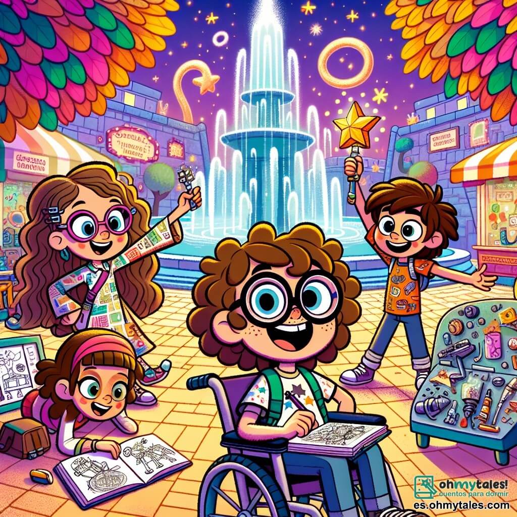 Ilustración que representa a un grupo de amigos en plena aventura en una ciudad mágica. Un niño de 10 años, con cabello rizado y gafas redondas, sostiene un cuaderno lleno de bocetos y sonríe con entusiasmo. Una niña de 9 años, con largos cabellos castaños y un vestido colorido, observa un extraño dispositivo en forma de estrella con ojos llenos de curiosidad. Una niña de 8 años, con cabello corto y camiseta con estampado, ajusta sus gafas de protección mientras manipula herramientas brillantes. Un niño de 11 años, en silla de ruedas, lleva una camiseta con un diseño de cohete y ríe alegremente, listo para unirse a la aventura. El lugar principal es la hermosa Plaza de los Inventores, rodeada de árboles de hojas multicolores y una fuente resplandeciente. Puestos coloridos venden inventos extraños, como sombreros que hacen reír y caramelos que cantan, mientras luces brillantes iluminan el lugar, creando una atmósfera mágica. La situación principal muestra a los amigos descubriendo un misterioso Starbot, un pequeño robot en forma de estrella que emite una luz suave y proyecta un holograma de un tesoro escondido en una pantalla grande. Otros elementos gráficos incluyen burbujas de diálogo con risas, estrellas brillantes alrededor del Starbot y inventos extravagantes de fondo, como un robot titiritero y coches voladores, para acentuar la atmósfera mágica y alegre de Lumitopia.