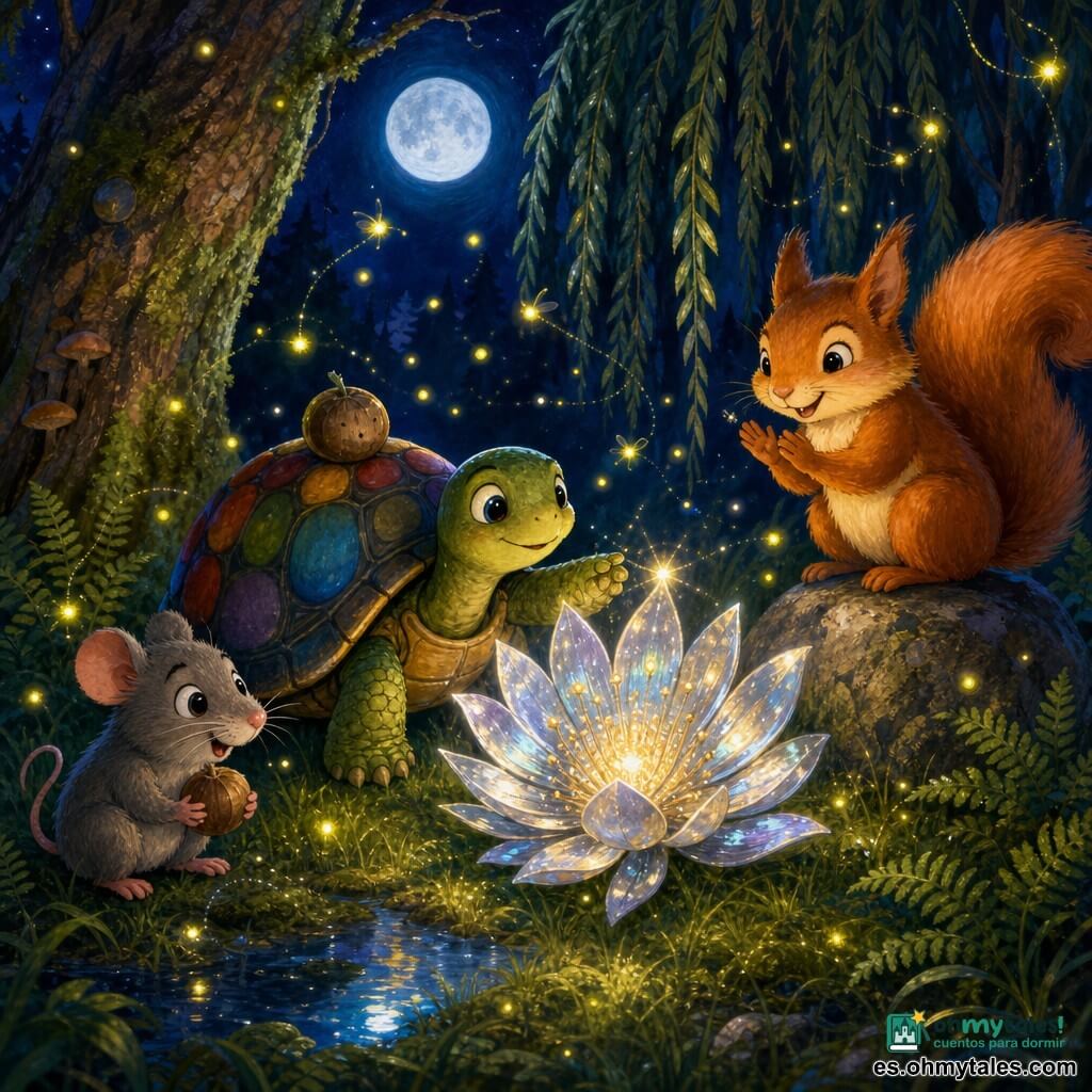 Una pequeña tortuga (Constantina) de caparazón redondo con manchas arcoíris, rostro sereno y ojos brillantes, delante de una flor plateada, con la pata delantera tocando una chispa de luz y una semilla redonda sobre su espalda; una ardilla (Lucía) de pelaje cobrizo y cola plumosa, sonrisa traviesa, sobre una piedra a la derecha aplaudiendo con sus patitas; un pequeño ratón (Ramón) de pelaje gris y ojos maravillados, sosteniendo una avellana, agazapado a la izquierda mirando la flor; luciérnagas formando un halo de puntos amarillos y verdes; claro nocturno en el bosque con hierba, helechos, charcos que reflejan la luna, troncos musgosos y un sauce al fondo; la Flor de Medianoche se abre en un halo plateado, con pétalos como pequeños espejos que irradian reflejos azules y dorados, escena mágica y tierna con los amigos unidos y sus rostros iluminados por la flor.