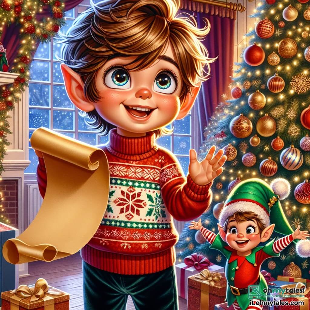 Un bambino di 3 anni, Leo, con capelli castani disordinati e grandi occhi brillanti di curiosità, si trova al centro della scena, sorridendo con meraviglia. Indossa un maglione rosso con motivi di fiocchi di neve e pantaloni di velluto blu. Leo tiene in mano una pergamena dorata, la lista dei desideri di Natale, e guarda con eccitazione un elfo.

L'elfo, di nome Elfy, è un personaggio gioioso con orecchie a punta, un cappello verde con pompon e un sorriso radioso. È leggermente più basso di Leo e salta di gioia accanto a lui, con le braccia alzate verso il cielo.

La scena si svolge in una calda stanza decorata per Natale, con luci scintillanti appese alle pareti, un maestoso albero di Natale ornato di palle colorate e ghirlande dorate, e regali ben impacchettati ai piedi dell'albero. La luce soffusa di una lampada crea un'atmosfera magica e accogliente.

La situazione principale mostra Leo ed Elfy, entrambi pieni di gioia, mentre scoprono insieme la lista dei desideri di Natale nella stanza, pronti a salvare la magia del Natale.