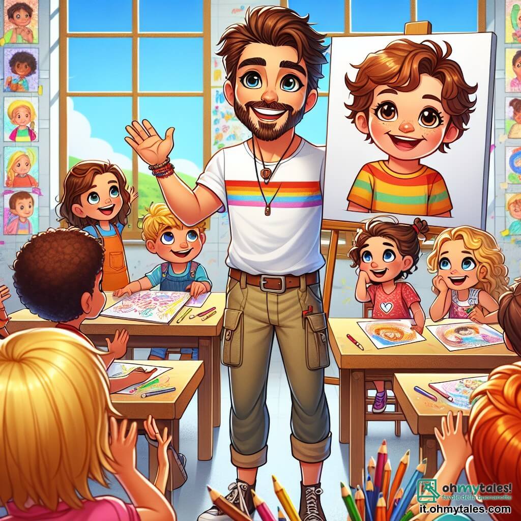 Un uomo sorridente, Marco, di circa 35 anni, con capelli castani e una barba ben curata, si trova al centro della scena, circondato da bambini. Indossa una maglietta colorata e pantaloni di tela, e appare caloroso e coinvolgente, tenendo in mano una grande foto di un bambino sorridente. Alla sua destra, una ragazza di nome Sofia, di 8 anni, con capelli biondi e occhi brillanti, alza la mano con entusiasmo, pronta a fare una domanda. Alla sua sinistra, un ragazzo di nome Luca, di 7 anni, con capelli castani e uno sguardo curioso, guarda Marco con ammirazione, tenendo in mano una piccola palla da calcio. La scena si svolge in un'aula luminosa, con pareti decorate da disegni di bambini e finestre che lasciano entrare la luce del sole. I tavoli di legno sono disposti a semicerchio, e matite colorate sono sparse sui banchi. La situazione principale mostra Marco mentre racconta storie di bambini che vivono in zone di guerra, mentre i bambini lo ascoltano attentamente, catturati dalle sue parole e immaginando un mondo di pace.