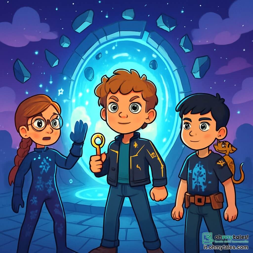 Ci sono 3 personaggi: - Leo: un ragazzo di 12 anni con capelli ricci e occhi verdi brillanti. Indossa una giacca di pelle decorata con circuiti luminosi e tiene una chiave d'oro in mano. Si trova al centro, guardando con determinazione il portale magico. - Maya: una ragazza di 11 anni con una lunga treccia rosso vivo e occhiali rotondi. Indossa una tuta futuristica con motivi di fiori scintillanti. È a sinistra di Leo, sollevando il suo guanto magico che brilla di energia. - Sami: un ragazzo di 12 anni con capelli neri e occhi scuri. Indossa una maglietta con motivi di robot e una cintura di attrezzi. Si trova a destra di Leo, tenendo una piccola lucertola metallica sulla spalla, osservando attentamente il portale. La scena principale si svolge in una piazza circolare circondata da pietre luminose, con un grande portale olografico al centro. Il cielo è viola, punteggiato di stelle scintillanti e nuvole luminose. Frammenti di tempo fluttuano attorno a loro, creando un'atmosfera magica e futuristica. La situazione principale della storia mostra Leo, Maya e Sami uniti davanti al portale, pronti ad affrontare la Frattura del Tempo. Concentrano i loro poteri, mescolando magia e scienza, mentre una luce splendente emana dal portale, illuminando i loro volti determinati.