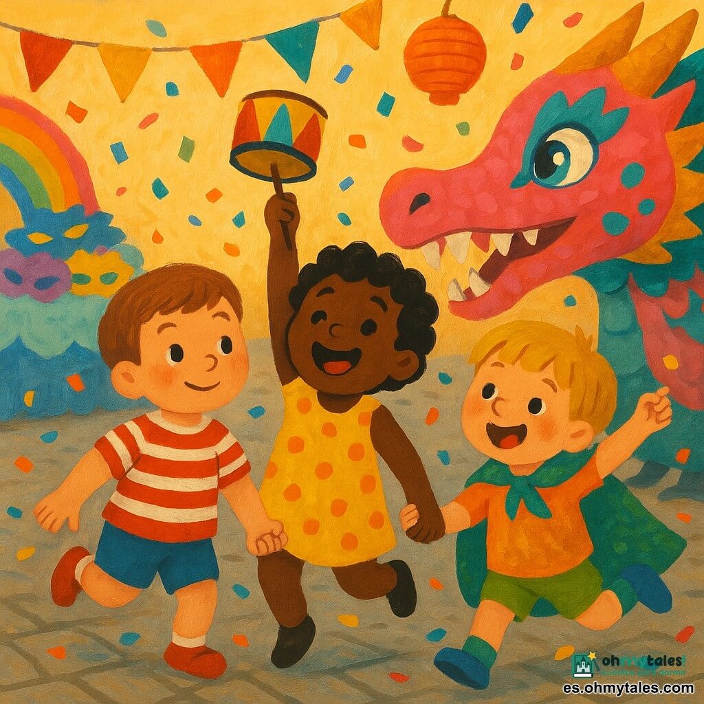 Tres niños de tres años (uno de pelo corto castaño claro con camisa a rayas roja y blanca; otro de pelo rizado negro con vestido corto amarillo; otro de pelo rubio en corte tazón con capa verde brillante) se toman de la mano y saltan juntos en una calle de carnaval empedrada llena de confeti y banderines, frente a una gran carroza-dragón rosa y turquesa; hay farolillos colgantes, y al fondo una mesa con máscaras de tela y un arco de globos multicolor, con luz suave de atardecer.