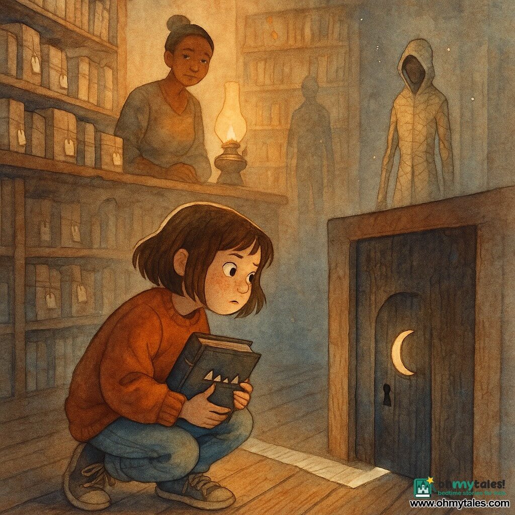 A determined but slightly anxious 12-year-old girl named Mina, round-faced with freckles and chestnut bobbed hair, clutches a worn black book with cardboard teeth to her chest; wearing an oversized rust sweater, faded blue jeans and dusty sneakers, she crouches before a small dark wooden door with a crescent-shaped lock. Nearby a tired, gentle-looking mother in her mid-30s with her hair in a bun watches Mina with concern and tenderness from behind the counter. A thin, faceless figure called the Editor—made of stitched pages and a shadowy hood with parchment textures—stands motionless between the shelves at the back of the aisle. The setting is an old bookshop-workshop lit by oil lamps casting warm light and long shadows, wooden shelves full of paper-covered books with string price tags and floating ink dust. The small door is set in a cracked wooden panel; the crescent keyhole glows with a pale moonlight and a thin line of folded paper lies like a barrier across the creaky floorboards. Mina extends the black book toward the door as it parts, revealing a corridor of pages and cold light; her shadow stretches behind her but stops just behind the line of paper.