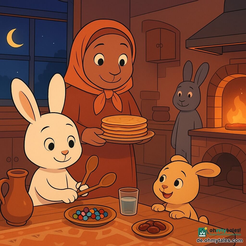 Momo, ein kleiner weißer Hase mit runden sanften Augen, lächelt ruhig und hält zwei Holzlöffel, mit denen er leise klopft; Sami, sein beiger kleiner Bruder, sitzt auf dem Boden, zählt bunte Perlen und schaut bewundernd zu ihm; die Mutter, eine braune Häsin mit leichtem Kopftuch, hält wohlwollend einen Teller mit heißen Pfannkuchen nahe dem glänzenden Ofen; der Vater, ein großer grauer Hase mit sanfter Stimme, steht lächelnd in der Tür, vom Flurlicht beleuchtet; die Küche ist warm und intim mit abgenutztem Holztisch und gemusterter Tischdecke, Tongefäß, Fenster mit einer papiernen Sternlaterne und dem sichtbaren Mondsichel; auf dem Tisch eine kleine Schale Datteln und ein Glas Wasser, Dampf steigt von den Pfannkuchen auf; die Familie sitzt vereint und friedlich zusammen zum Sonnenuntergangsmahl (Iftar), in einer sanften Atmosphäre mit warmen Orange- und Nachtblau-Tönen, gedämpftem Licht, klaren Schatten im Cel-Shading-Stil.