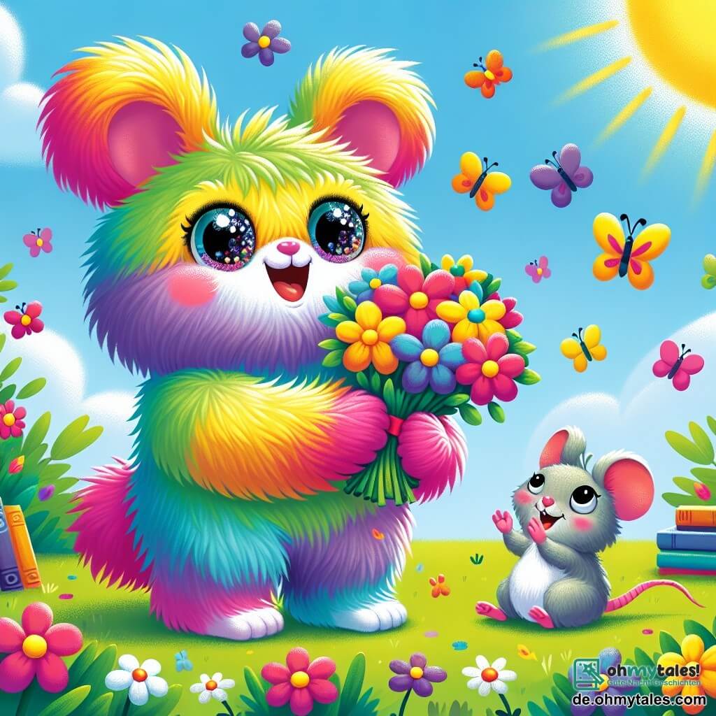 In einem sonnigen Garten steht ein kleiner, bunter Wuschel namens Pipp mit seinem schimmernden, regenbogenfarbenen Fell und großen, freudestrahlenden Augen. Er hält einen Strauß leuchtender Blumen in seinen kleinen Pfoten und lächelt begeistert. Neben ihm applaudiert Mimi, eine kleine graue Maus mit großen Ohren und schelmischen Augen, voller Freude und Ermutigung. Der Garten ist gefüllt mit strahlenden Blumen, flatternden Schmetterlingen und einem klaren blauen Himmel, was eine fröhliche und festliche Atmosphäre schafft. Pipp ist bereit, ein berührendes Gedicht für seinen Papa zu lesen, der in einem bequemen Sessel sitzt, umgeben von Büchern, und darauf wartet, den Vatertag mit Liebe und Freude zu feiern.