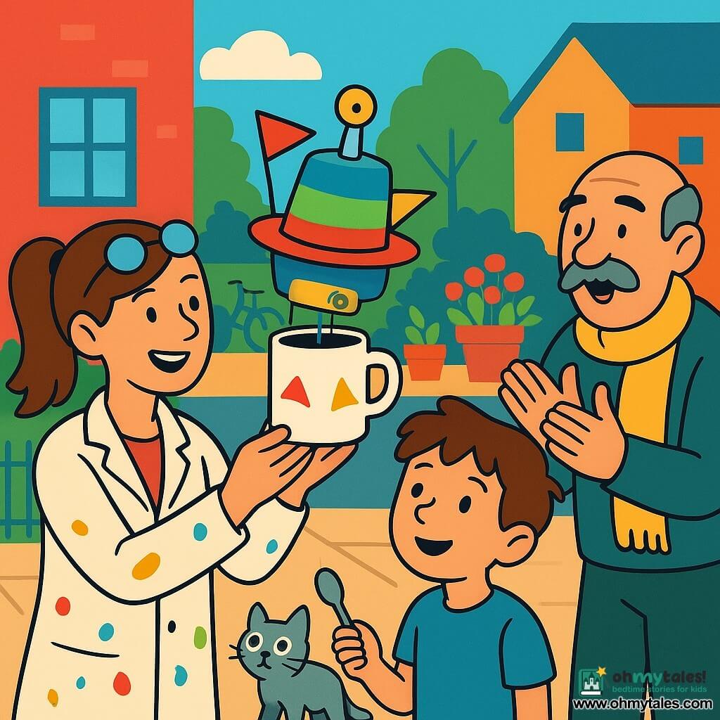 A mischievous smiling woman inventor with brown ponytail, paint-stained smock and round glasses on her head holds a white mug topped with a colorful foam "Sip Parade" hat, red and yellow pennants and a tiny level/spinner; behind her to the right Mr. Jams, a dramatic moustached man about 60 in a bright yellow scarf, holds a spoon like a microphone and applauds; to her left Leo, an ~8-year-old boy with messy brown hair and a blue T-shirt, carefully holds the mug, amazed, while a small gray curious cat named Pickle walks beside him with tail up; they stand on a neighborhood sidewalk before colorful brick houses with overflowing flower pots and a bike against a fence during a small joyful parade as laughing neighbors form a semicircle and the pennants flutter while a drop drips from the mug.