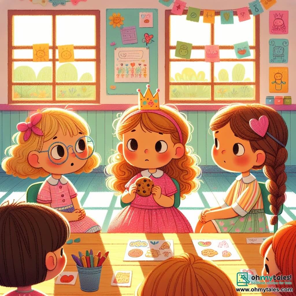 In a colorful classroom, three little girls are gathered around a table. Lucy, a 6-year-old with curly brown hair and round glasses, wears a pink polka-dot dress and holds a cookie in her hand, looking a bit guilty. Mia, another 6-year-old with braided blonde hair and a paper crown, sits next to her with crossed arms and a surprised expression. Emma, a 6-year-old with red hair and heart-shaped glasses, stands behind Lucy, looking concerned and talking to her softly. The classroom is decorated with colorful drawings on the walls, with sunlight streaming through the windows and wooden tables where other children are playing in the background. The main situation shows Lucy, Mia, and Emma discussing the importance of telling the truth after Lucy confessed to taking a cookie that didn't belong to her. Their facial expressions reflect surprise, concern, and understanding, illustrating the theme of lying and honesty.
