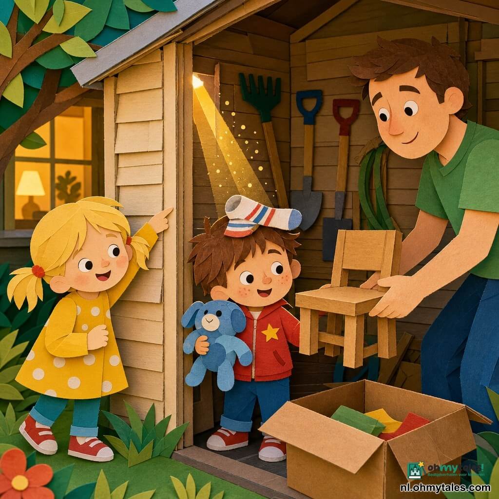Een blije, geconcentreerde jongen van 4 jaar met rond gezicht en lichte sproetjes, warrig bruin haar, rode jas met ster en een sok op het hoofd als hoed, houdt tegen zich aan een net teruggevonden zacht blauw knuffeldier; achter hem links staat het meisje van ongeveer 5 jaar (Anna), ondeugend glimlachend met blonde staartjes en gele jurk met stippen, ze wijst naar een hoek van het tuinhuisje; iets achter rechts helpt een volwassen vader met kort haar en groen T‑shirt de jongen door een stoel aan te reiken; de moeder is niet zichtbaar maar er komt warm licht uit een woonkamerraam achter het schuurtje; de plek is een licht houten tuinhuisje met zichtbare planken, een kartonnen doos op de grond, gereedschap aan de muur en zonlicht dat door een kier valt en gouden stofdeeltjes doet dansen; hoofdmoment: ontdekking — de jongen vindt zijn blauwe knuffel achter een doos, plotselinge blijdschap, warme veilige sfeer, felle kleuren, papierachtige texturen, duidelijke contouren en eenvoudige, kindvriendelijke compositie.