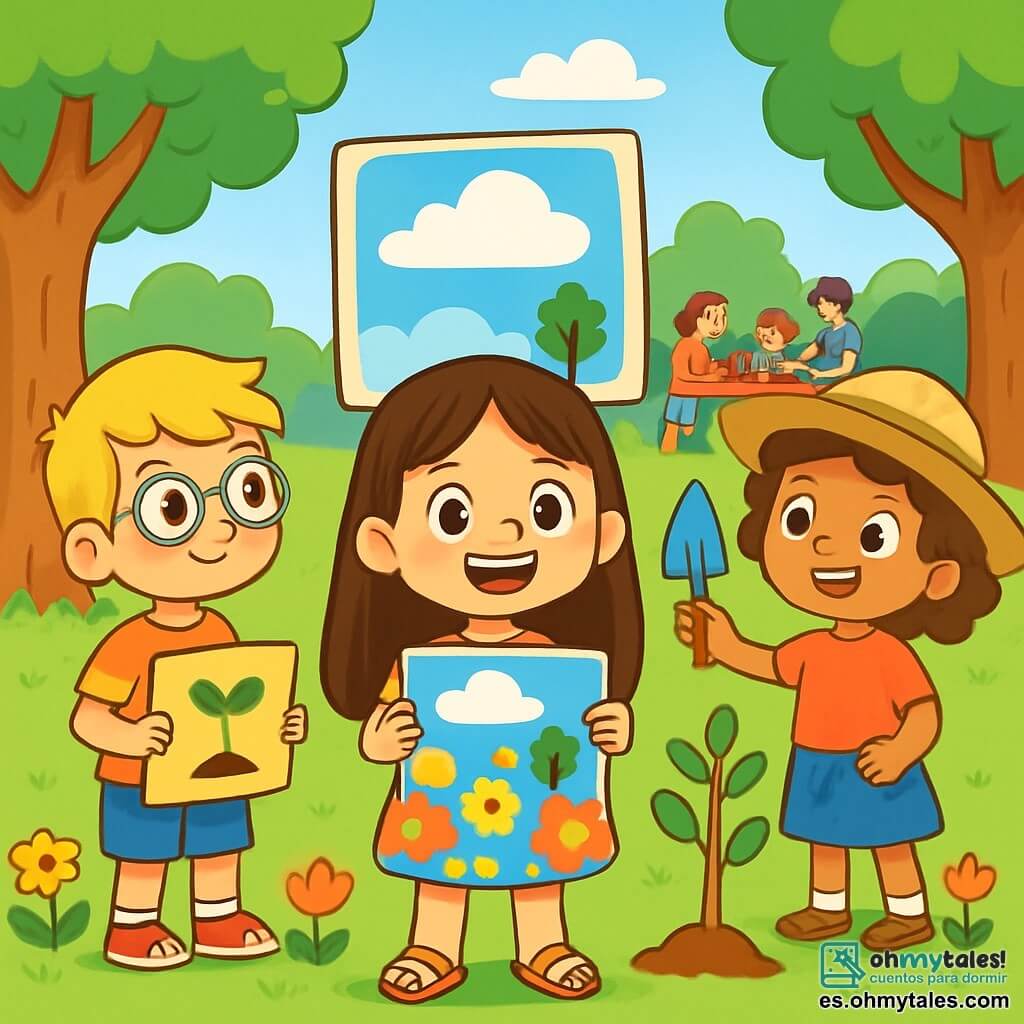 Una niña de 6 años, Valentina, con largos cabellos castaños y ojos llenos de curiosidad, sonríe alegremente sosteniendo un pequeño cartel colorido que dice "¡Cuidemos nuestro cielo!". Lleva un vestido de flores y sandalias, llena de energía y entusiasmo. A su derecha, Lucas, un niño de 6 años con cabello rubio y gafas redondas, mira a Valentina con admiración, sosteniendo otro cartel. A su izquierda, Ana, una niña de 6 años con cabello rizado y un sombrero de paja, sostiene una pequeña pala, lista para plantar un árbol. La escena se desarrolla en un parque verde, lleno de árboles majestuosos y flores coloridas, bajo un cielo azul brillante con algunas nubes blancas. Al fondo, familias se reúnen alrededor de una gran mesa con herramientas de jardinería y macetas, creando una atmósfera alegre y comunitaria. Valentina, Lucas y Ana están preparando un día de plantación de árboles, expresando su determinación de hacer el cielo más feliz, con sonrisas radiantes y gestos entusiastas.