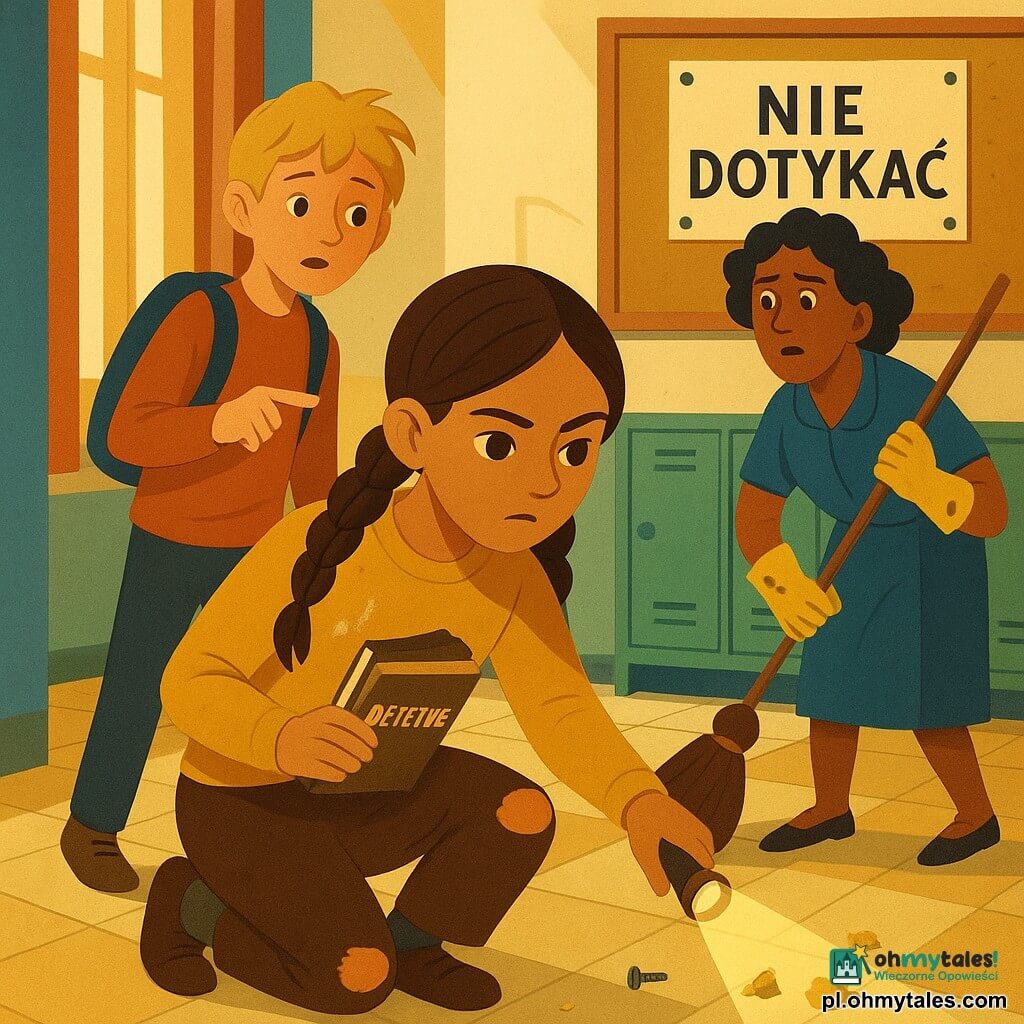 Dziewczynka ~12 lat, skoncentrowana i ciekawa, trzyma mały notes z napisem „Detektyw” i świecącą mini latarką; ma brązowe warkocze, musztardowy sweter poplamiony kredą i podarte kolana. Obok stoi ok. 11-letni chłopiec z rozczochranymi blond włosami, nieco zaniepokojony, wskazujący palcem korytarz, z niebieskim plecakiem po lewej stronie dziewczynki. W tle pani Irena ok. 50 lat, w rękawicach do sprzątania z plamą czarnej farby, trzyma miotłę i patrzy w stronę podłogi przy tablicy ogłoszeń. Jasny szkolny korytarz z błyszczącymi beżowymi kafelkami, dużymi oknami z pasiastymi zasłonami i zielono-niebieskimi szafkami; na korkowej tablicy duży plakat „NIE DOTYKAĆ GŁOŚNIKÓW”. Na podłodze przy notesie leżą mały śrubokręt i błyszcząca srebrna śrubka, w pobliżu biblioteki okruchy popcornu. Scena: dziewczynka bada śrubkę latarką z determinacją, chłopiec wskazuje kierunek do gabinetu dyrektora, a pani Irena stoi zaskoczona, trzymając miotłę — atmosfera dziecięcej tajemnicy i śledztwa.