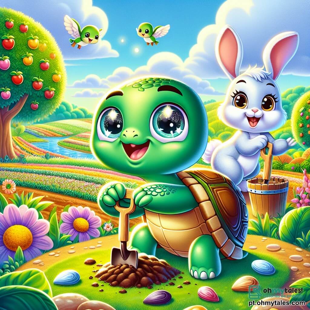 Tico, a tartaruga, está no centro da imagem, com uma carapaça verde brilhante e olhos cheios de excitação. Ele cava o solo com suas pequenas patas, sorrindo, cercado de terra e sementes. Ao lado dele, Lila, a coelhinha de grandes orelhas, salta alegremente, seu pelo branco brilhando ao sol, com um olhar entusiasmado. Ela segura uma pequena pá de madeira, pronta para ajudar. O cenário é uma linda fazenda ensolarada, com campos de flores coloridas, árvores frutíferas ao fundo e um céu azul com nuvens brancas. Ao longe, vê-se uma floresta verdejante, onde alguns pássaros voam felizes. A cena mostra Tico e Lila plantando sementes, simbolizando seu compromisso em proteger a natureza.
