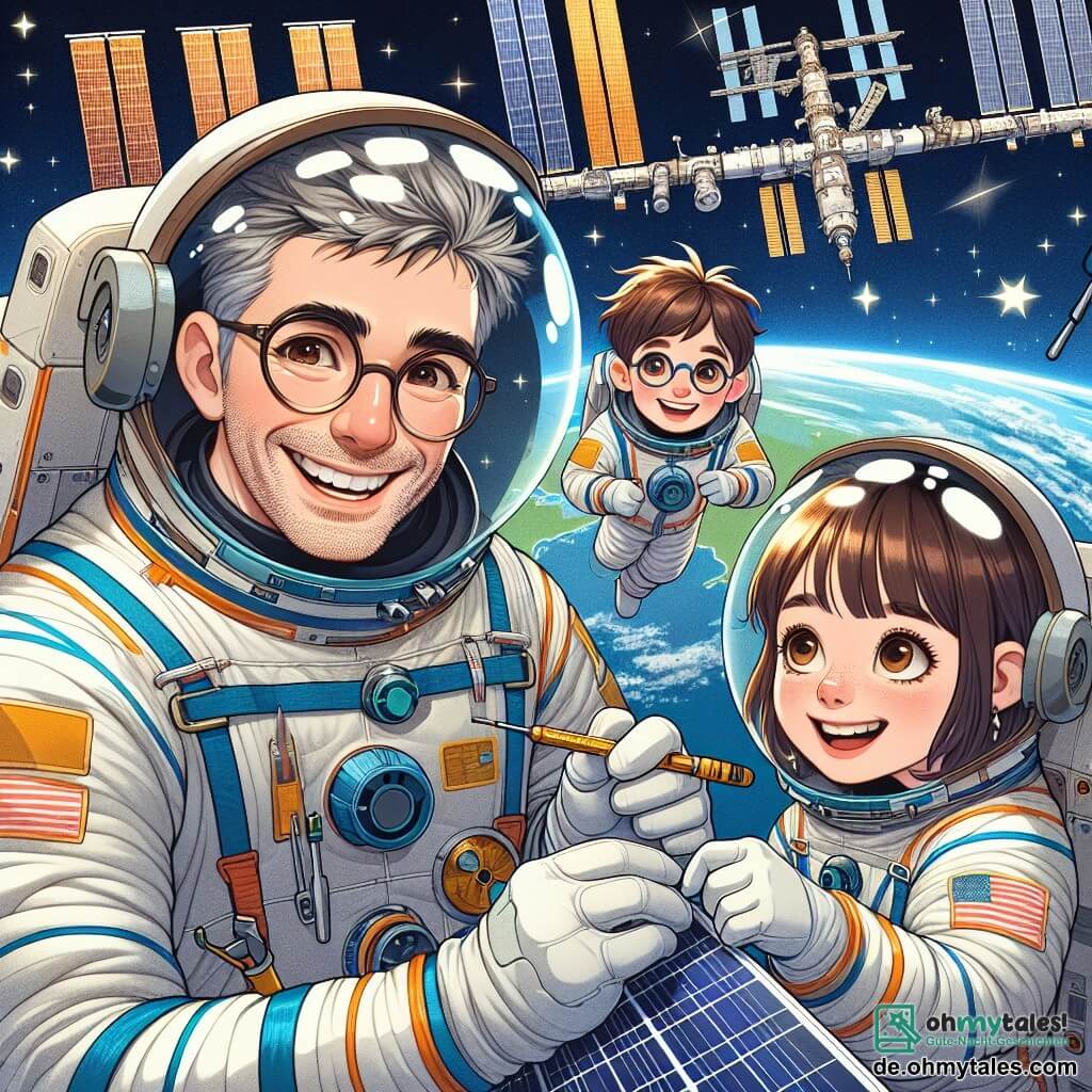 Ein Mann namens Herr Sternenstaub steht im Mittelpunkt des Bildes, gekleidet in einen glänzenden und bunten Astronautenanzug, mit einem breiten Lächeln im Gesicht. Seine Haare sind grau und leicht zerzaust, und seine Augen strahlen vor Neugier. Er repariert ein Solarpanel auf der Oberfläche der Internationalen Raumstation (ISS), während Werkzeuge um ihn herum schweben. Neben ihm schwebt ein etwa 8-jähriges Mädchen namens Mia fröhlich, trägt einen kleinen Astronautenhelm und einen kindgerechten Anzug. Sie schaut bewundernd zu Herr Sternenstaub und hält eine Sternenkarte in den Händen. Ein Junge namens Tim, ebenfalls 8 Jahre alt, steht direkt hinter ihnen, mit einem konzentrierten Blick, hält ein Werkzeug und ist bereit zu helfen. Er hat braune Haare und eine Brille, die etwas auf seiner Nase rutscht. Die Szene spielt sich im unendlichen Kosmos ab, mit der blauen und grünen Erde im Hintergrund, umgeben von funkelnden Sternen. Die Internationale Raumstation ist detailliert zu sehen, mit ausgefahrenen Solarpanels und glänzenden Modulen, die majestätisch im Raum schweben. Die Hauptsituation zeigt Herr Sternenstaub und die Kinder, die zusammenarbeiten, um das Solarpanel zu reparieren, was den Teamgeist und das Weltraumabenteuer verdeutlicht, mit schwebenden und leichten Elementen, die die Magie des Weltraums einfangen.