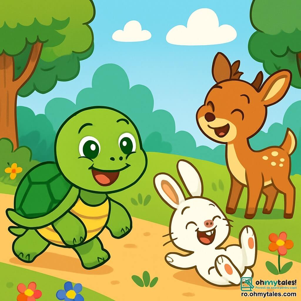 O broască țestoasă veselă numită Titi, cu un carapace verde strălucitoare și ochi jucăuși, avansează încet dar sigur pe un drum însorit. Zâmbește larg, arătându-și determinarea și bucuria de a fi în cursă. Lângă ea, un iepuraș alb numit Iani, cu urechi mari și blană pufoasă, s-a răsturnat pe spate, râzând de propria neîndemânare. Mai departe, o căprioară frumoasă numită Cami, cu blană brună aurie și pete albe, râde în timp ce încearcă să-l ajute. Decorul este o pădure fermecată, cu copaci măreți, flori colorate care dansează în vânt și un cer albastru deschis presărat cu nori pufoși. Situația principală o arată pe Titi, broasca țestoasă, depășindu-și prietenii în cursa amuzantă, demonstrând că perseverența și bucuria sunt mai importante decât viteza.