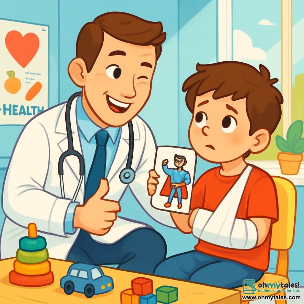 A smiling and warm doctor, Dr. Ben, wears a pristine white coat and a stethoscope around his neck. His eyes sparkle with kindness as he crouches down to the level of an 8-year-old boy, Leo, who has his arm in a sling and a look that is both anxious and curious. Leo, with messy brown hair and a red t-shirt, holds a superhero drawing in his hand. Their conversation takes place in a bright consultation room with pastel blue walls, decorated with colorful health posters and wooden toys scattered on a table. The room is filled with natural light filtering through a large window, creating a welcoming and reassuring atmosphere. The main scene shows Dr. Ben explaining to Leo how he will help heal his injured arm while giving him a friendly wink to reassure him.
