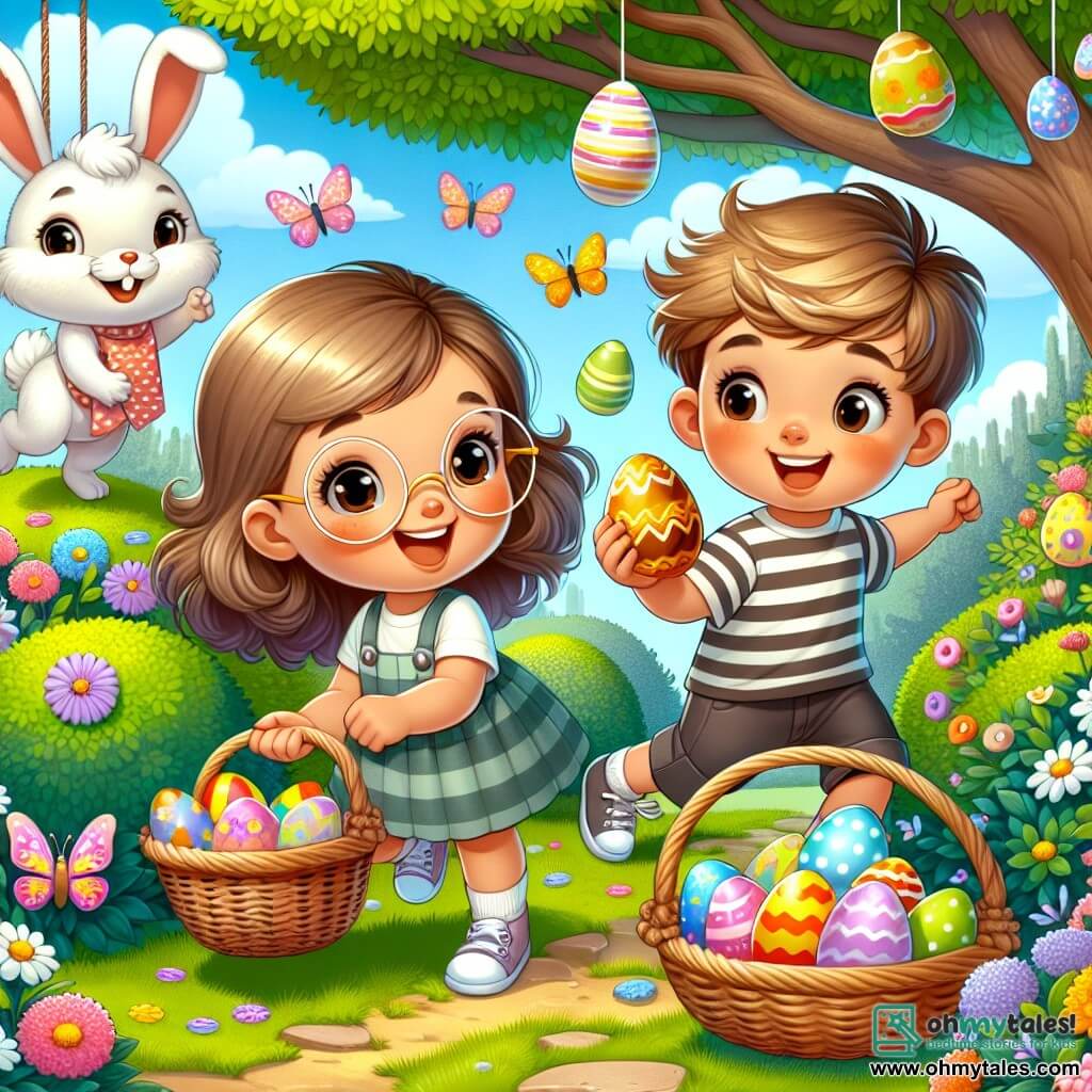 In a sunny garden, three children are on an Easter egg hunt. Mia, a 7-year-old girl with brown hair and round glasses, crouches by a bush, holding a wicker basket filled with colorful eggs. Max, a 6-year-old boy with messy blonde hair, jumps for joy next to her, pointing at a shiny chocolate egg he just found. Liam, an 8-year-old boy with brown hair and a striped t-shirt, stands a bit further away, smiling and looking at a yellow egg on a swing. The garden is filled with colorful flowers, with butterflies fluttering around, and a large tree with bright green foliage. In the center of the image, an adorable rabbit with big ears, white fur, and sparkling eyes seems to guide the children toward a hill where chocolate eggs are hidden. The scene exudes a joyful and festive atmosphere, full of bright colors and children's laughter.