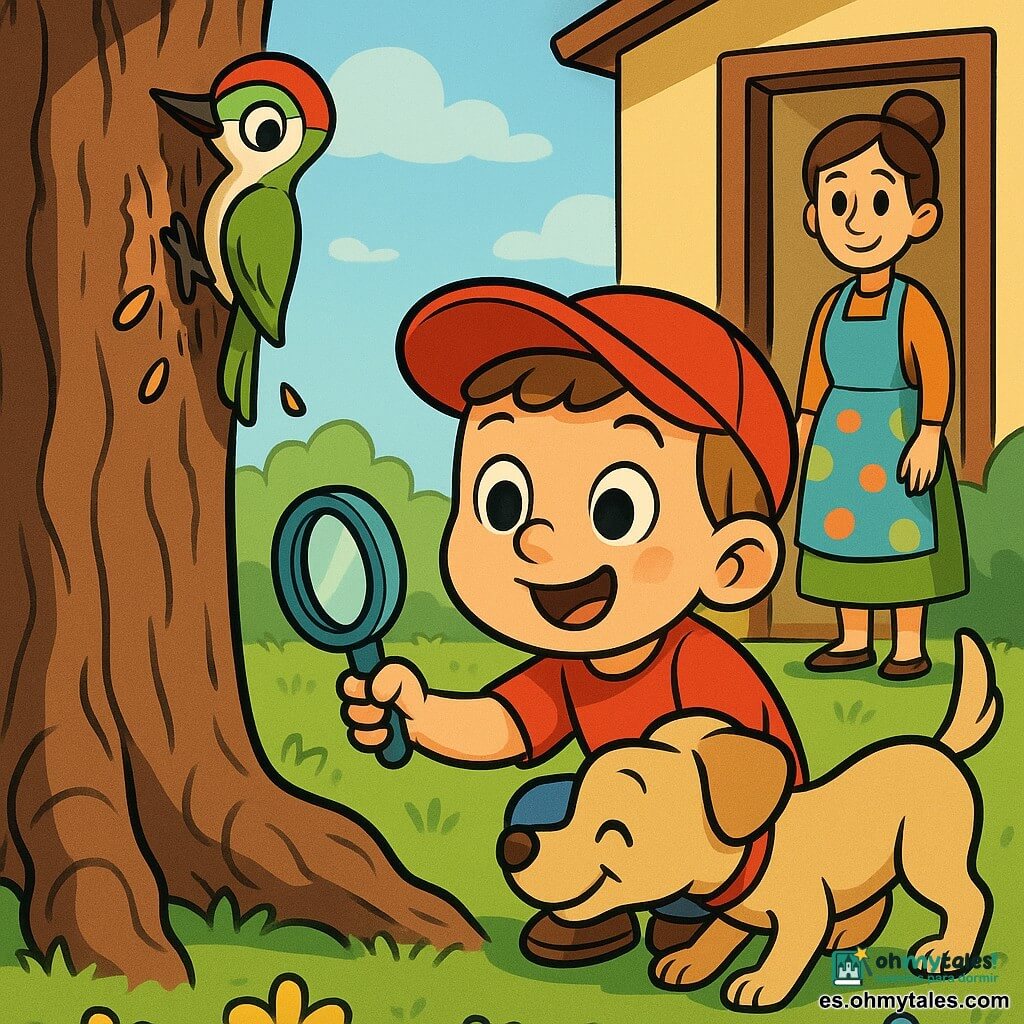 Un niño de 4 años, rostro redondo, cabello castaño claro corto, ojos grandes y brillantes, sonrisa entusiasta, gorra roja y lupa de plástico en la mano derecha, agachado junto al gran tronco de un árbol escuchando; un perro pequeño de pelo corto beige llamado Max, cola meneando, olfateando el tronco; una mujer adulta (madre, ~30 años) con cabello castaño recogido en moño y vestimenta colorida junto a la puerta de la casa mirando con cariño; un pequeño pájaro carpintero rojo y verde posado en el tronco picando la corteza mientras caen virutas; jardín luminoso con césped verde, flores amarillas y azules, raíces visibles, cielo azul con pocas nubes; escena de descubrimiento del ruido misterioso: el niño y el perro investigan como pequeños detectives alegres mientras el pájaro hace "toc, toc", ambiente cálido y curioso, colores vivos y sombras suaves en estilo infantil y expresivo.