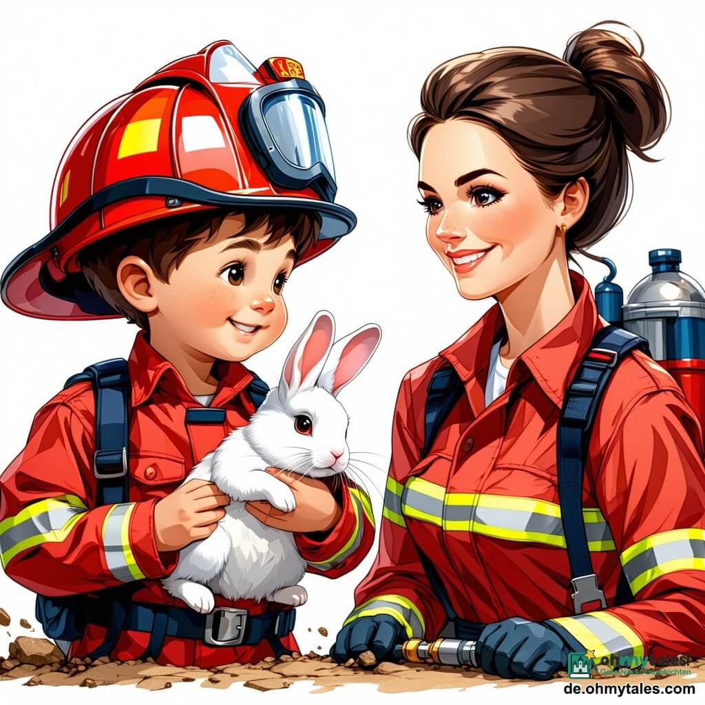 Ein junger Mann, Felix, etwa 10 Jahre alt, trägt ein leuchtend rotes Feuerwehroutfit, einen glänzenden Helm und hat ein entschlossenes Lächeln im Gesicht. Seine Augen funkeln vor Aufregung, während er ein kleines weißes Kaninchen in seinen Armen hält und es zärtlich ansieht. Neben ihm steht eine Feuerwehrfrau, Frau Schmitt, etwa 30 Jahre alt, mit braunen, hochgesteckten Haaren, die ebenfalls ein Feuerwehroutfit trägt. Sie lächelt stolz zu Felix, während sie einen Feuerwehrschlauch hält, bereit, die letzten Flammen zu löschen. Im Hintergrund steht eine kleine Holzgartenhütte, deren Dach teilweise brennt und grauer Rauch in den blauen Himmel aufsteigt. Neugierige Nachbarn stehen im Hintergrund und beobachten die Szene mit besorgten und erleichterten Gesichtsausdrücken. Die Hauptsituation zeigt Felix, der das Kaninchen vor den Flammen rettet, während Frau Schmitt sich darauf vorbereitet, das Feuer zu löschen, was eine Atmosphäre von Abenteuer und Mut schafft.