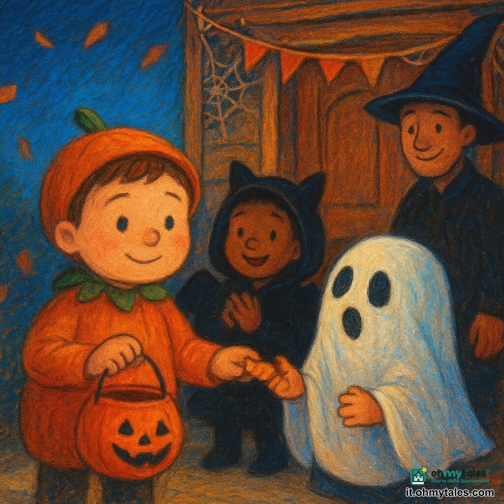 Tommaso, 4 anni, volto rotondo e guance rosate, timido ma generoso, sorride tenendo un secchio-fantasma arancione; indossa un costume zucca con foglia verde sul cappuccio e una stellina di carta in tasca; Lina, sorella di circa 3 anni, con mantello da pipistrello applaude battendo le braccia dietro di lui; un altro bimbo di circa 3 anni con un cappello da fantasma troppo grande lo guarda sorpreso mentre Tommaso gli porge una caramella; il padre con cappello da stregone sorride sullo sfondo tenendo la madre per mano; la scena davanti a una porta di legno con una lanterna zucca accesa e foglie che svolazzano, luce calda che illumina i volti, atmosfera tenera, accogliente e leggermente magica centrata sul gesto di condivisione.