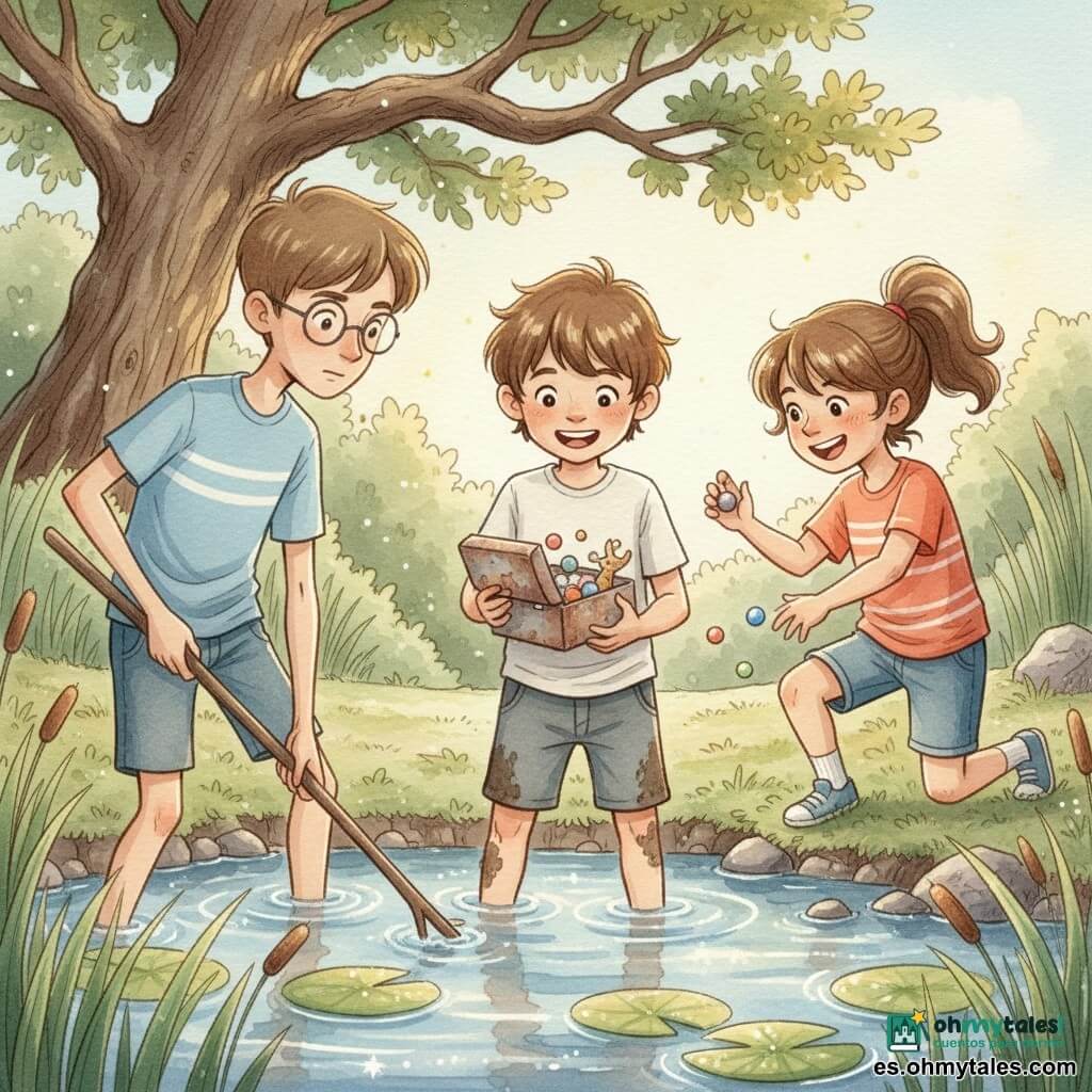 Un niño de 10 años, Lucas, sonriente y asombrado, pelo castaño corto algo despeinado y manchas de barro en las rodillas, sostiene entre las manos una pequeña caja metálica oxidada abierta; a su izquierda, Tomás, de 10 años, alto y delgado con gafas redondas y expresión concentrada, empuja la caja desde la orilla fangosa con un palo largo; a la derecha, Ana, de 10 años, risueña y viva, cabello castaño en coleta y una rodilla en el barro, extiende la mano para alcanzar una canica brillante; escena junto a un pequeño estanque del parque con agua brillante al sol, nenúfares, juncos, orillas de tierra oscura y piedras musgosas, y un viejo roble al fondo que da sombra; los niños han hallado la caja enterrada en el agua y el barro y, al abrirla, aparece un surtido de canicas coloridas y pequeñas figuritas; ambiente ligero y colorido, acuarela en tonos pastel cálidos, textura de papel visible y reflejos blancos de gel sobre las canicas y la superficie del agua.