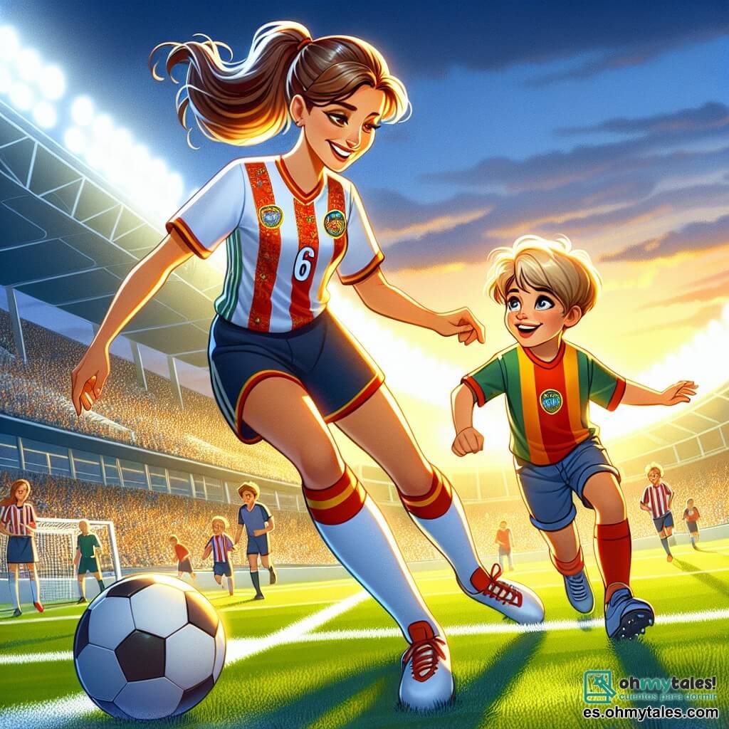 Valentina, una joven atlética con cabello castaño en una coleta, lleva una camiseta de fútbol colorida y un pantalón corto. Tiene una gran sonrisa en el rostro, llena de alegría y determinación, mientras dribla el balón con agilidad en el campo. A su lado, Lucas, un niño de 8 años con cabello rubio desordenado, lleva una camiseta de fútbol grande y un pantalón corto. Está intentando controlar el balón, con los ojos brillantes de emoción y concentración, mientras entrena con su ídolo. El lugar es un amplio campo de fútbol verde, bañado por la luz dorada del sol poniente, con líneas blancas que marcan el terreno y gradas llenas de espectadores entusiastas en el fondo, aplaudiendo y animando a los jugadores. La situación principal muestra a Valentina enseñando a Lucas cómo driblar y pasar el balón, creando un momento mágico de compartir y aprender entre una estrella del fútbol y un joven soñador, ambos inmersos en el amor por el juego.