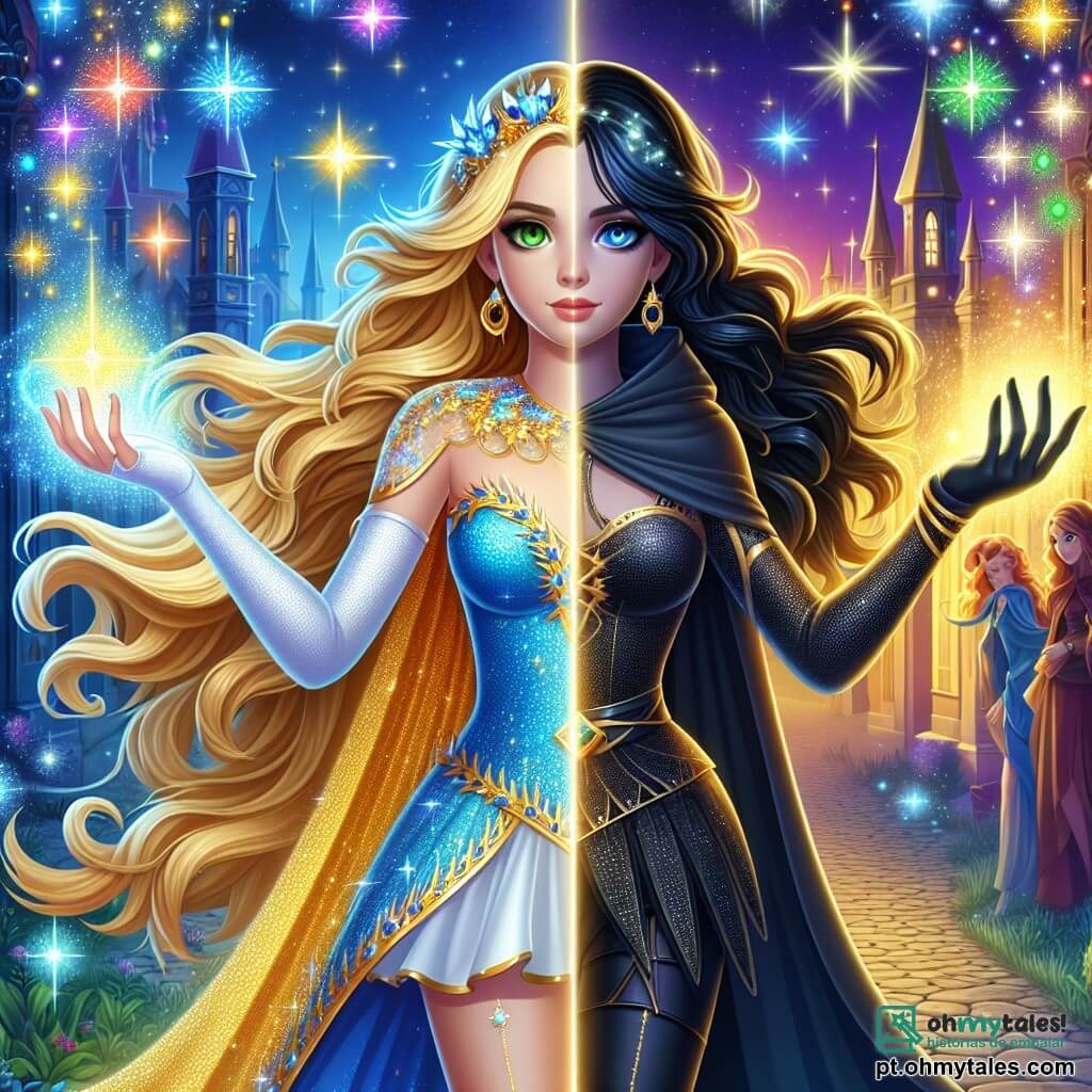 A heroína, Lúcia, é uma jovem com longos cabelos dourados que brilham como raios de sol. Ela usa um traje azul e dourado cintilante, com um sorriso confiante no rosto, enquanto lança faíscas de luz colorida de suas mãos. Seus olhos verdes brilham com energia e determinação. Ao seu lado está Solene, a Sombra Silenciosa, uma mulher misteriosa com cabelos negros e roupas escuras que parecem se fundir na sombra. Ela observa Lúcia com curiosidade e admiração, pronta para colaborar na criação de algo belo. A cena se passa na cidade de Luminalia, onde as ruas de pedras brilhantes cintilam sob a luz da lua. Os majestosos edifícios de cores vivas se elevam em direção ao céu estrelado, criando uma atmosfera mágica e encantadora. O foco principal mostra Lúcia e Solene unidas, criando juntas um espetáculo luminoso fascinante no céu noturno. Faíscas de luz dançam ao redor delas, enquanto sombras coloridas contam histórias, cativando os habitantes de Luminalia que as observam com admiração.