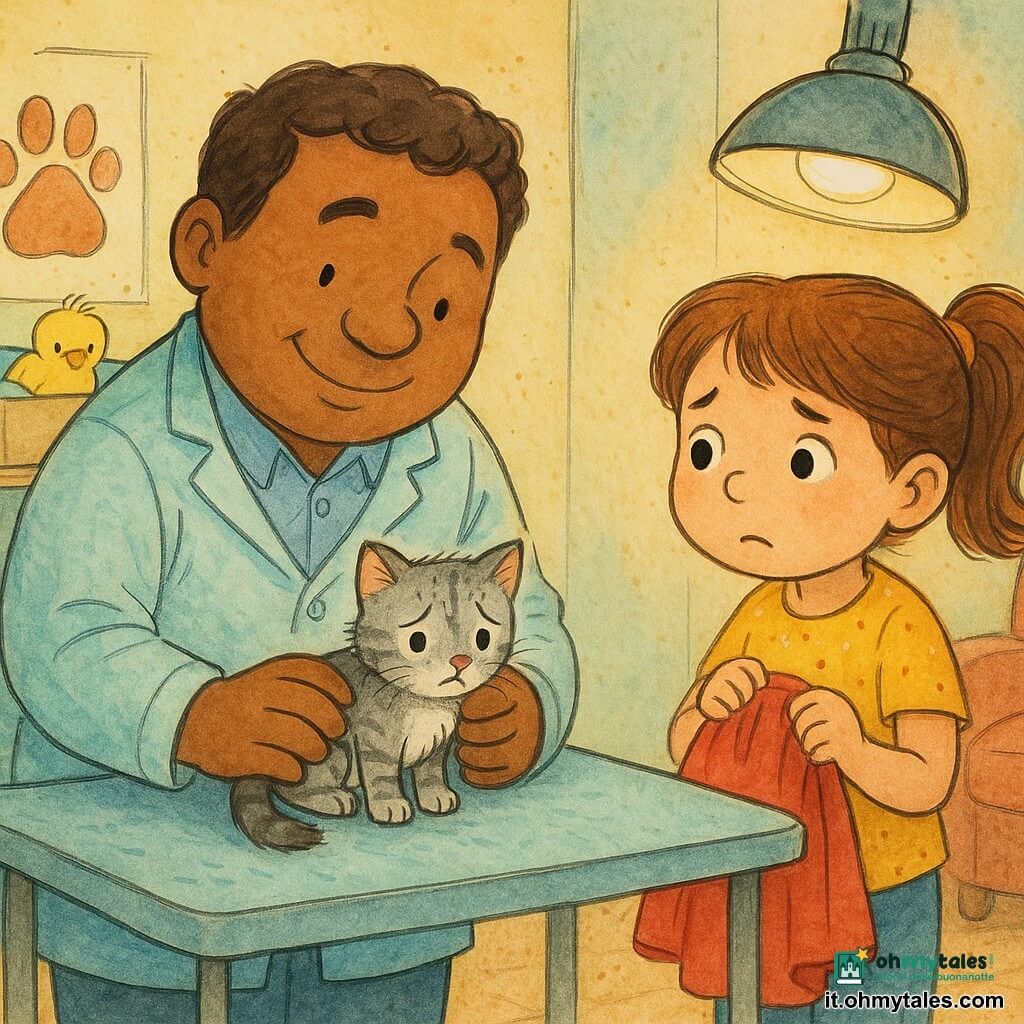 Un veterinario sorridente e dolce, volto tondo, capelli castani corti, tiene delicatamente un gattino tremante tra le mani chinando la testa con attenzione; una bambina di circa 6 anni con coda di cavallo castana e occhi preoccupati sta vicino al tavolo visitando tenendo una piccola coperta colorata; sullo sfondo un pulcino fragile dalle piume gialle riposa in una cassetta morbida su uno scaffale mentre il veterinario lo sorveglia; lo studio è piccolo e colorato con pareti pastello, un poster con una grande zampa, scatola di matite, poltrona morbida per i genitori e una lampada rotonda che illumina il tavolo; scena calda e rassicurante, il veterinario esamina il gattino con gesti lenti e rassicuranti, tocchi di colore su oggetti (coperta rossa, ciotola blu), texture di inchiostro e tratti delicati.