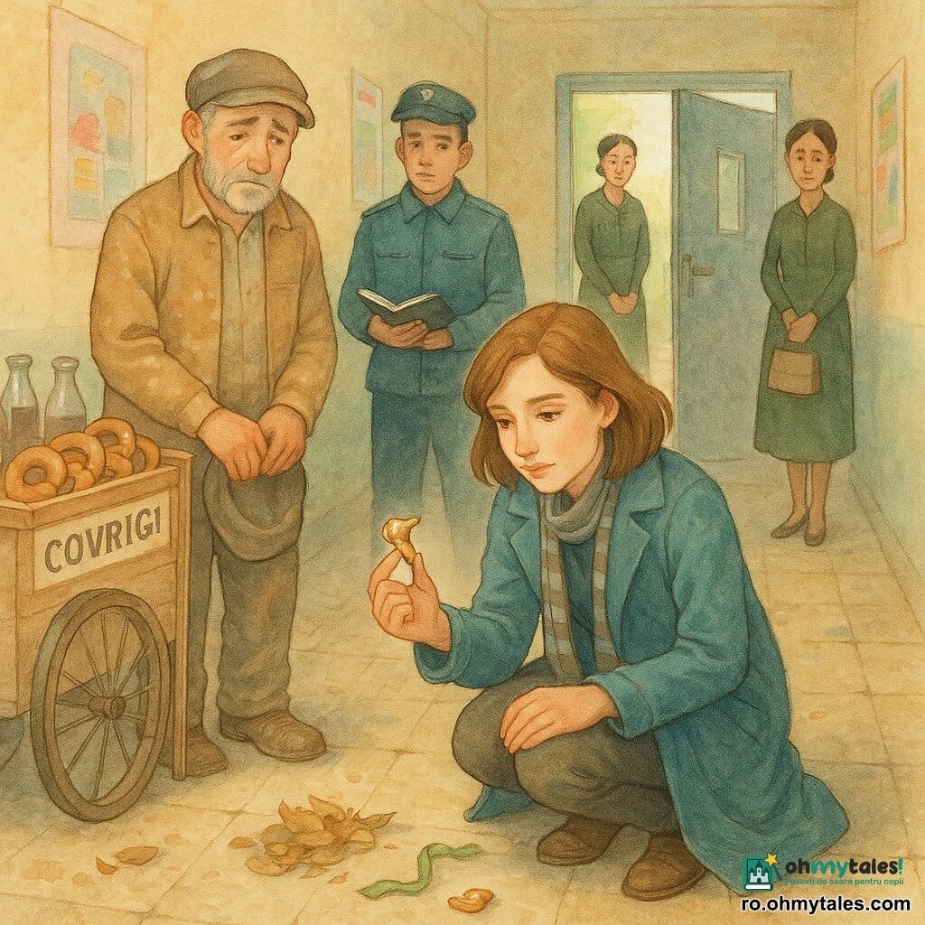 Detectivă Mara, față concentrată și blândă, ochi căprui, păr șaten peste umeri, poartă un palton albastru petrol ușor șifonat și o eșarfă în dungi; este în genunchi lângă o piesă mică aurie de trofeu pe care o ține delicat, expresie compătimitoare și hotărâtă. Vânzătorul nenea Doru (≈50 ani), barbă cu fire cenușii, șapcă uzată, vestă maro deschis pătată cu făină, stă lângă un cărucior din lemn plin cu covrigi și sticle, jenat și ușurat, ținând șapca. Secretara doamna Anca (≈40 ani), păr prins într-un coc simplu, rochie verde-olive sobră, ține o geantă mică de pânză și privește scena cu rușine și remușcare, retrasă lângă ușa școlii. Agentul Radu (≈30 ani), uniformă simplă, carnet deschis în mână, privire calmă și înțelegătoare, stă în spatele Marei pregătit să noteze. Loc: culoar din spate al unei școli, podea cu gresie bej ușor uzată, pereți galben pal cu afișe colorate, ușă metalică gri întredeschisă spre curte, un mănunchi mic de frunze și o bandă verde pe podea; lumină difuză printr-o fereastră înaltă. Situație: detectiva găsește o piesă aurie de trofeu lângă ușa din spate; momentul transmite transformarea tensiunii în compasiune — gesturi măsurate, fețe împăcate, obiecte recognoscibile (cărucior cu covrigi, geantă de pânză, piesă de trofeu) care spun povestea descoperirii și a iertării.