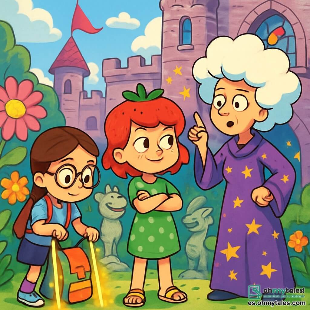 Hay 3 personajes: Amapola, una niña de 8 años con cabello rojo brillante en forma de fresa, vestida con un vestido de lunares verdes y sandalias amarillas, de pie en el centro con los brazos cruzados y una sonrisa traviesa; Rufi, una niña de 9 años con gafas redondas y trenzas castañas, usando muletas mágicas que brillan, a la izquierda de Amapola, buscando algo en su mochila colorida; y La Gran Maga Profetilina, una mujer mayor con cabello blanco en forma de nube, vestida con un vestido morado adornado con estrellas doradas, a la derecha de Amapola, con una expresión seria y un dedo apuntando al cielo, como si explicara algo importante. El lugar es un castillo de cuento de hadas con paredes de piedra brillante, ventanas de vitrales coloridos y un jardín lleno de flores gigantes y estatuas de dragones sonrientes. El cielo es de un azul brillante, salpicado de nubes esponjosas. La situación principal muestra a Amapola y Rufi, perplejas, frente a La Gran Maga Profetilina, quien les anuncia que deben encontrar el Huevo del Dragón Olvidadizo antes de que caiga la noche. Destellos de magia flotan a su alrededor, añadiendo un toque de misterio y humor a la escena.
