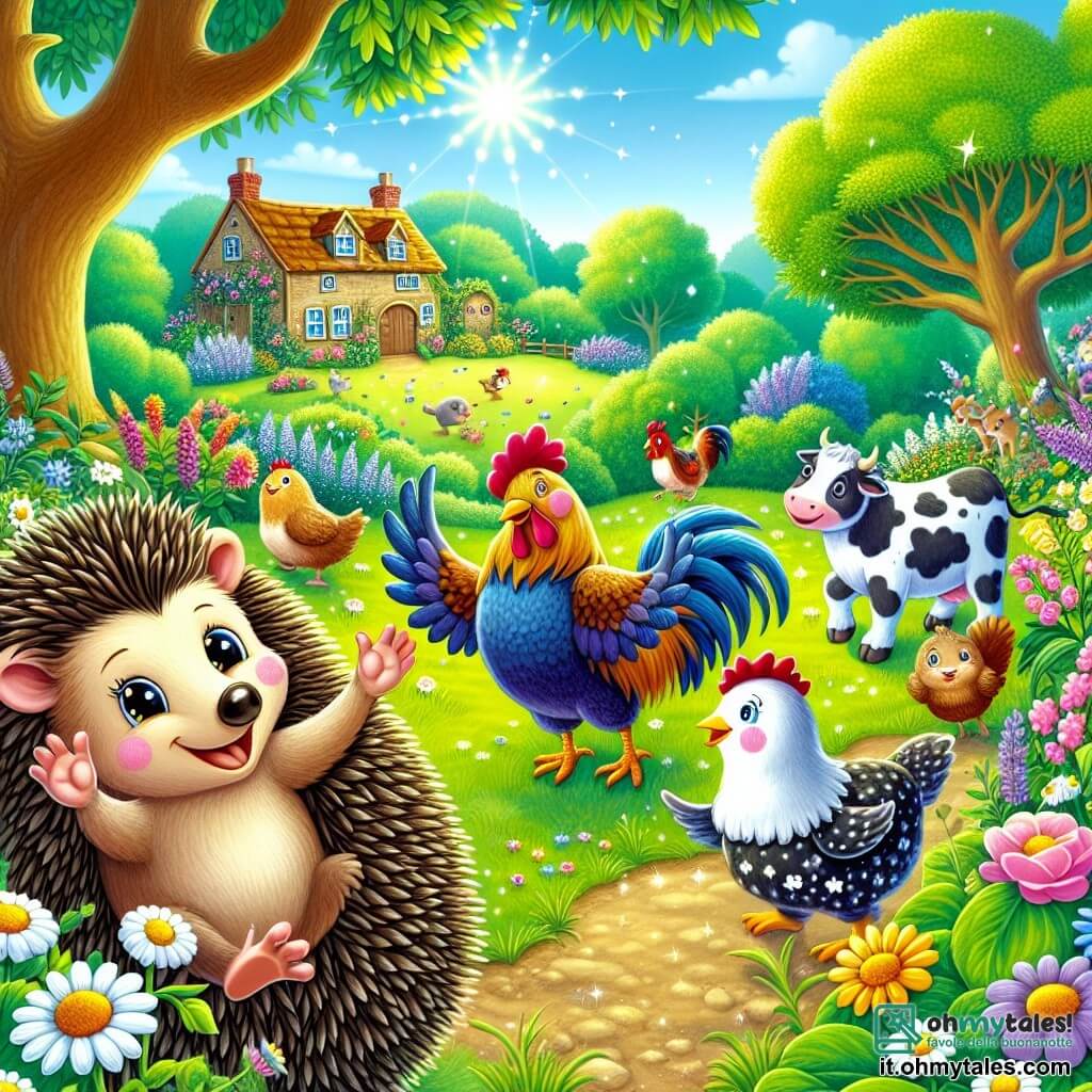 Un riccio di nome Ricciolo, con un pelo marrone e spine morbide, sorride felicemente saltando in un campo verde, circondato da fiori colorati. Sta organizzando una festa con i suoi amici animali, con gli occhi scintillanti di gioia. Accanto a lui, un gallo di nome Gallo, con piume rosse e dorate, balla allegramente, con le ali spiegate, mentre canta con entusiasmo. Più lontano, una mucca di nome Mucca, con un pelo maculato di bianco e nero, si nasconde dietro un grande albero ridendo del suo nascondiglio. Il luogo è un incantevole campo soleggiato, pieno di fiori selvatici, alberi verdi e un cielo blu splendente. Sullo sfondo, si profila una piccola fattoria, aggiungendo un tocco di magia alla scena. La situazione principale mostra Ricciolo e i suoi amici che giocano a nascondino, con risate e gioia nell'aria, creando un'atmosfera festosa e amichevole.