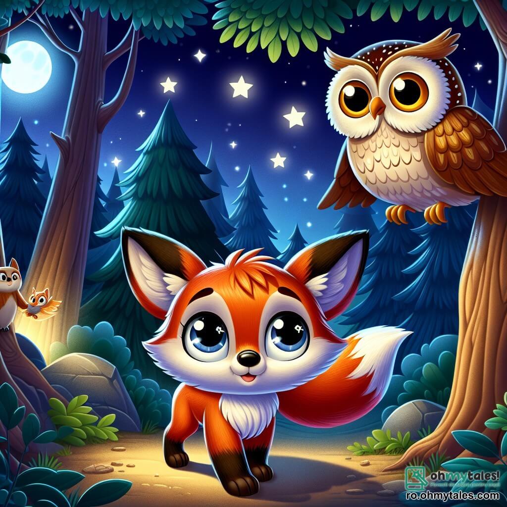 Un vulpix mic numit Roxy, cu blană roșie aprinsă și ochi strălucitori, stă în centrul scenei, privindu-se cu curiozitate și un zâmbet ușor, în timp ce explorează pădurea nocturnă. Lângă el, o bufniță înțeleaptă cu pene maronii și albe, având ochi rotunzi și aurii, zboară ușor, arătând o expresie prietenoasă și încurajatoare, pregătită să-l ajute pe Roxy să-și depășească frica. În fundal, pădurea este iluminată de lumina blândă a lunii, cu copaci măreți și umbre dansante, creând o atmosferă magică și misterioasă. Roxy, puțin ezitant dar hotărât, se aventurează din vizuina sa, pregătit să descopere frumusețea nopții, în timp ce stelele strălucitoare strălucesc deasupra lui, simbolizând speranța și curajul.