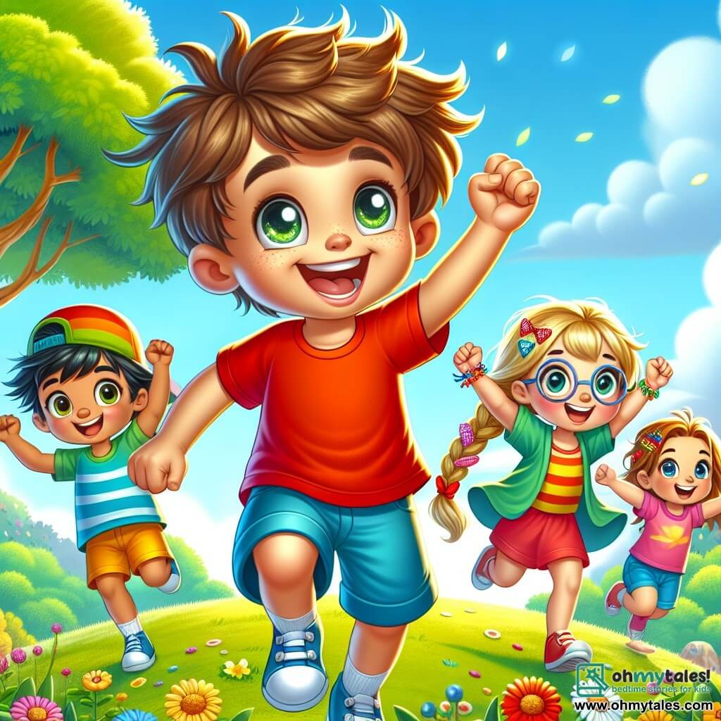A 6-year-old boy, Max, with messy brown hair and a big joyful smile, stands at the top of a green hill with his arms raised in victory. He wears a bright red t-shirt and blue shorts, and his eyes shine with excitement. Next to him, Emma, a 6-year-old girl with braided blonde hair and round glasses, jumps for joy, her cheeks rosy with happiness. Ben, a 6-year-old boy with black hair and a green cap, stands a bit back, holding a candy in his hand, with a hungry look and a mischievous smile. Lucy, a 6-year-old girl with colorful hair, wears sparkling clips and dances, surrounded by colorful bracelets she just made. The setting is a sunny hill covered in vibrant wildflowers, with a clear blue sky and fluffy white clouds gently floating. At the bottom of the hill, a majestic oak tree stands, providing shade and a place to play. The main scene shows Max and his friends discovering a large colorful chest filled with candy and sparkling treasures, their faces lit up with surprise and joy, ready to share their discovery with laughter and excitement.