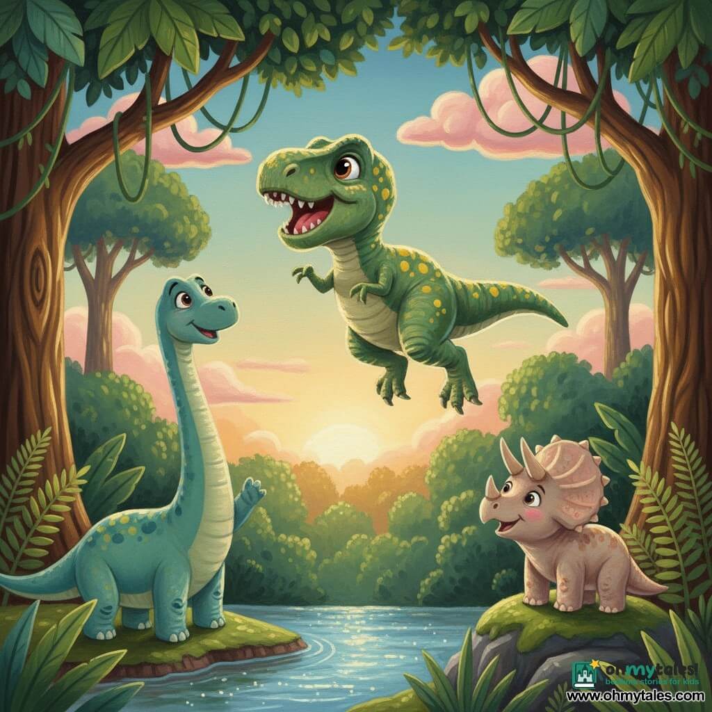 A young, small Tyrannosaurus Rex named Tino soars above the treetops, eyes bright and laughing, with textured green skin spotted yellow, tiny winglike arms, rounded legs and a broad tail for balance; Dippy the Diplodocus stands bottom left—tall, gentle, blue‑green long neck—raising a foot in admiration; Tara the Triceratops is on the right on a mossy rock, short horns and a pale pink frill, smiling; the setting is a lush twilight jungle with giant broadleaf trees, hanging vines, shining ferns and a glittering river below, soft pink clouds and golden sunset light caressing Tino's scales; acrylic painting style, vivid colors, visible textures and soft rounded lines for a warm, childlike look.