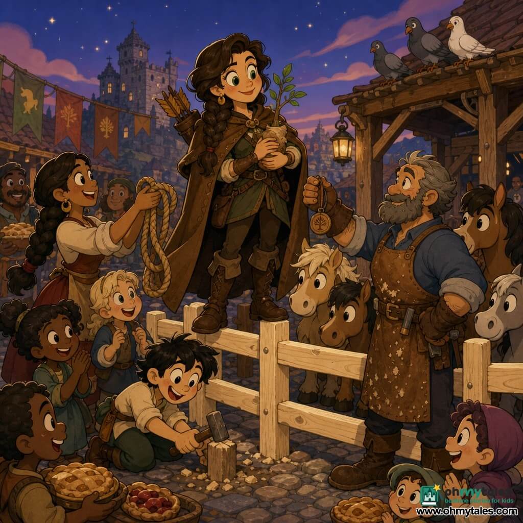 Mira, an adult woman with a proud gentle smile, brown braided hair and bright green eyes, wears a brown leather cloak and worn boots, holds a small sapling called "Promise" against her chest while standing on a newly built wooden palisade; Porrin, a gruff ~50-year-old man with a trimmed gray beard and sawdust-stained apron, stands at the right foot of the palisade offering a small wooden amulet; Lysa, ~30, with braided hair, callused hands and a warm look, stands left near the children offering a braided rope; a cheerful ~8-year-old boy with tousled hair happily strikes a stake with a small wooden hammer near the palisade base; background: eastern stables and market with curious ponies behind the pale boards, uneven cobbles, colorful banners, a distant stone keep under a starry sky and pigeons on a tower; scene: a warm, heroic twilight celebration after finishing the palisade, people smiling and helping, sharing gifts and pies, centered composition with Mira, warm contrasting palette and rounded, fluid rubber-hose style.