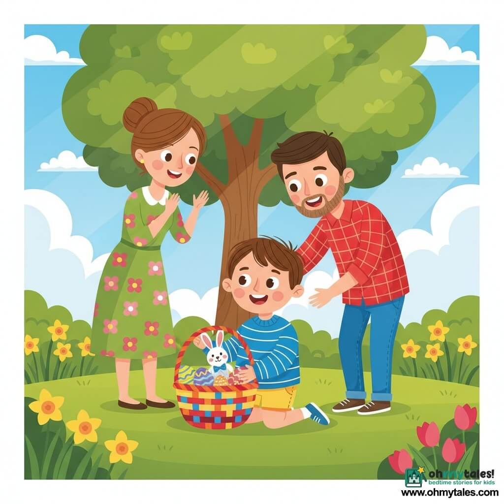 A joyful, wide-eyed 4-year-old boy with tousled brown hair kneels to grasp a large colorful Easter basket; he wears a blue-and-white striped sweater and yellow shorts. To his left, his smiling mother (about 30–35) with chestnut hair in a bun and a green floral dress claps softly, while to his right his caring father (about 30–35) with light beard, red plaid shirt and jeans stands leaning with a hand on the boy’s shoulder. The bright spring garden has green grass, a large round-leaved tree, beds of yellow daffodils and pink tulips, and a blue sky with a few fluffy clouds; sunlight highlights the boy discovering a basket filled with colored eggs, shiny chocolates and a small plush rabbit.