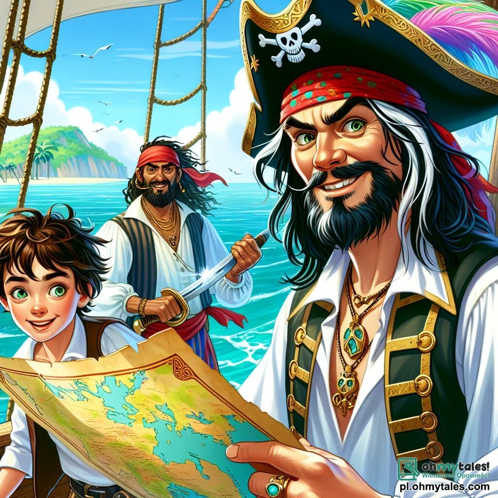 Główny bohater, mężczyzna o imieniu Gustaw, jest piratem z determinowanym spojrzeniem, długimi czarnymi włosami i figlarnym uśmiechem. Nosi kapelusz piracki ozdobiony kolorowymi piórami oraz białą koszulę z złotymi wykończeniami, trzymając mocno mapę skarbów w jednej ręce, co pokazuje jego entuzjazm do przygody. Obok niego stoi młody chłopiec o imieniu Jacek, mający około 10 lat, z kręconymi włosami i czerwonym bandaną, z błyszczącymi oczami pełnymi ekscytacji, gotowy na przygodę. Inny członek załogi, umięśniony mężczyzna w wieku około trzydziestu lat, stoi w tle, trzymając miecz i wyrażając czujność, gotowy bronić swojego kapitana. Scena rozgrywa się na pokładzie statku „Szybka Wrona”, z białymi żaglami wypełnionymi wiatrem i turkusowymi falami uderzającymi o burtę. W tle widać tajemniczą wyspę, pokrytą palmami i mgłą, która wydaje się skrywać sekrety. Główna sytuacja pokazuje Gustawa i Jacka badających mapę skarbów, entuzjastycznie dyskutujących o swojej następnej przygodzie w poszukiwaniu legendarnego Złotego Serca, podczas gdy załoga krząta się wokół nich, tworząc atmosferę ekscytacji i koleżeństwa.