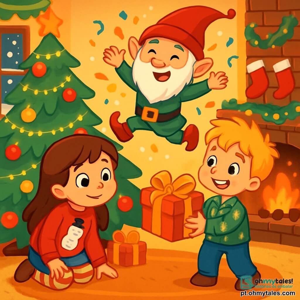 Há 3 personagens: - Sofia: uma menina de 6 anos, com longos cabelos castanhos e olhos brilhantes. Ela usa um suéter vermelho com um boneco de neve e meias listradas. Ela está agachada, olhando curiosamente debaixo da árvore de Natal. - Lucas: um menino de 6 anos, com cabelos loiros bagunçados e um sorriso travesso. Ele veste uma camisa verde com estampas natalinas e uma calça azul. Ele está em pé ao lado de Sofia, segurando uma caixa de presente com um grande laço dourado. - O Duende Travesso: um pequeno duende com um chapéu vermelho pontudo e um rosto travesso. Ele tem uma barba branca e usa um traje verde com botões dourados. Ele está pulando alegremente sobre as crianças, cercado de confetes brilhantes. O local é uma aconchegante sala de estar decorada para o Natal, com uma grande árvore iluminada, guirlandas cintilantes e meias penduradas acima da lareira. O chão é coberto por um tapete macio, e flocos de neve caem suavemente do lado de fora pela janela. A situação principal mostra Sofia e Lucas em uma caça aos presentes, procurando debaixo da árvore, enquanto o Duende Travesso, com um sorriso travesso, os observa pulando no ar, deixando para trás um rastro de magia e risos.