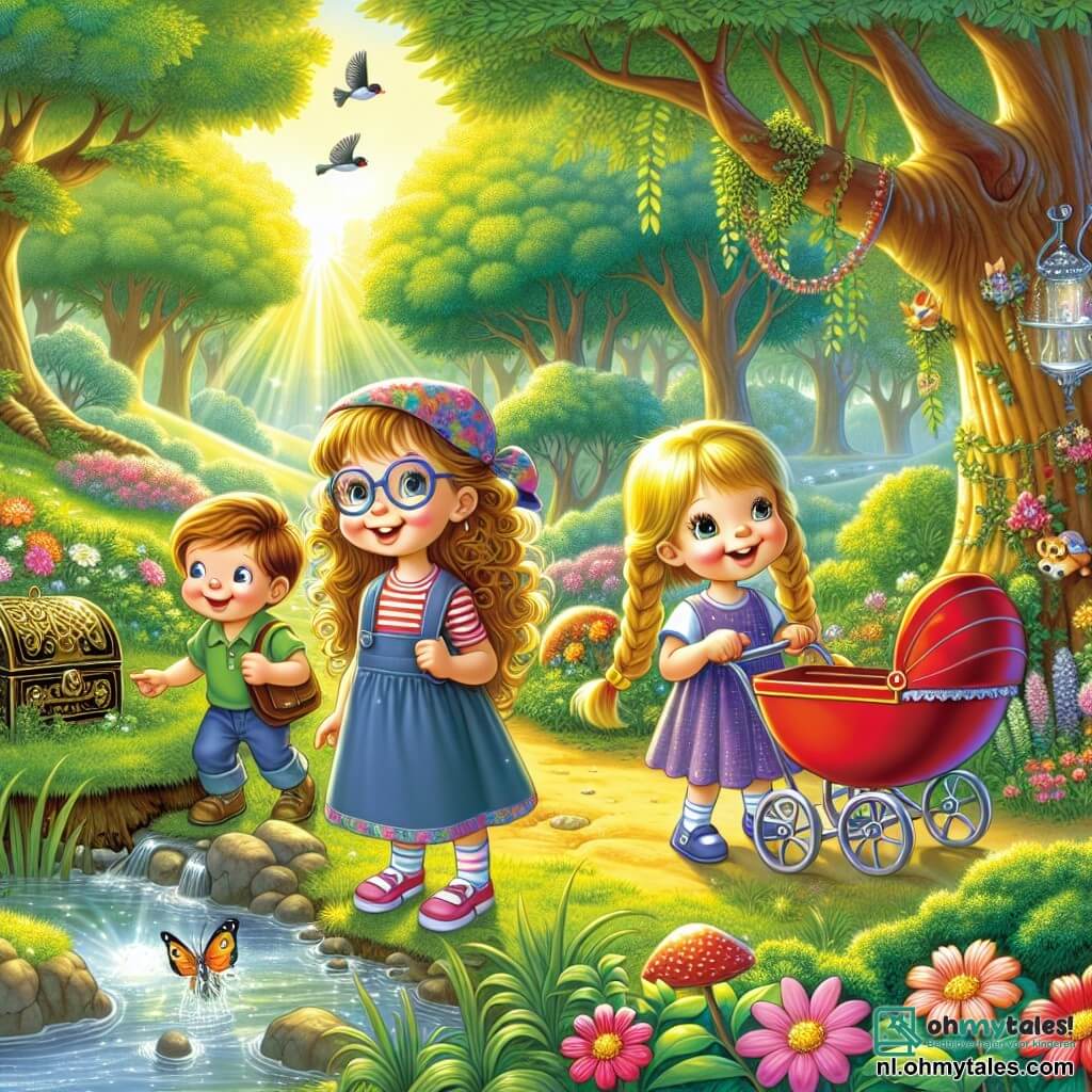 Drie kleine meisjes zijn op avontuur in een zonnig park. Anna, een 7-jarig meisje met krullend haar en een bril, zit enthousiast in haar mooie rode kinderwagen. Naast haar leunt Lotte, een 8-jarig meisje met lange blonde vlechten, nieuwsgierig naar een grote boom. Tot slot staat Mia, een 7-jarig meisje met bruin haar en een kleurrijke pet, op een kleine heuvel en wijst naar een glinsterend voorwerp in de verte. Het park is vol weelderig groen, met majestueuze bomen en kleurrijke bloemen die dansen in de zachte wind. Op de achtergrond glinstert een klein beekje en vogels zingen vrolijk in de takken. De kleine avonturiers ontdekken een oude, roestige ijzeren doos, verborgen onder bladeren, en staan te popelen om de "schat" die erin zit te openen.