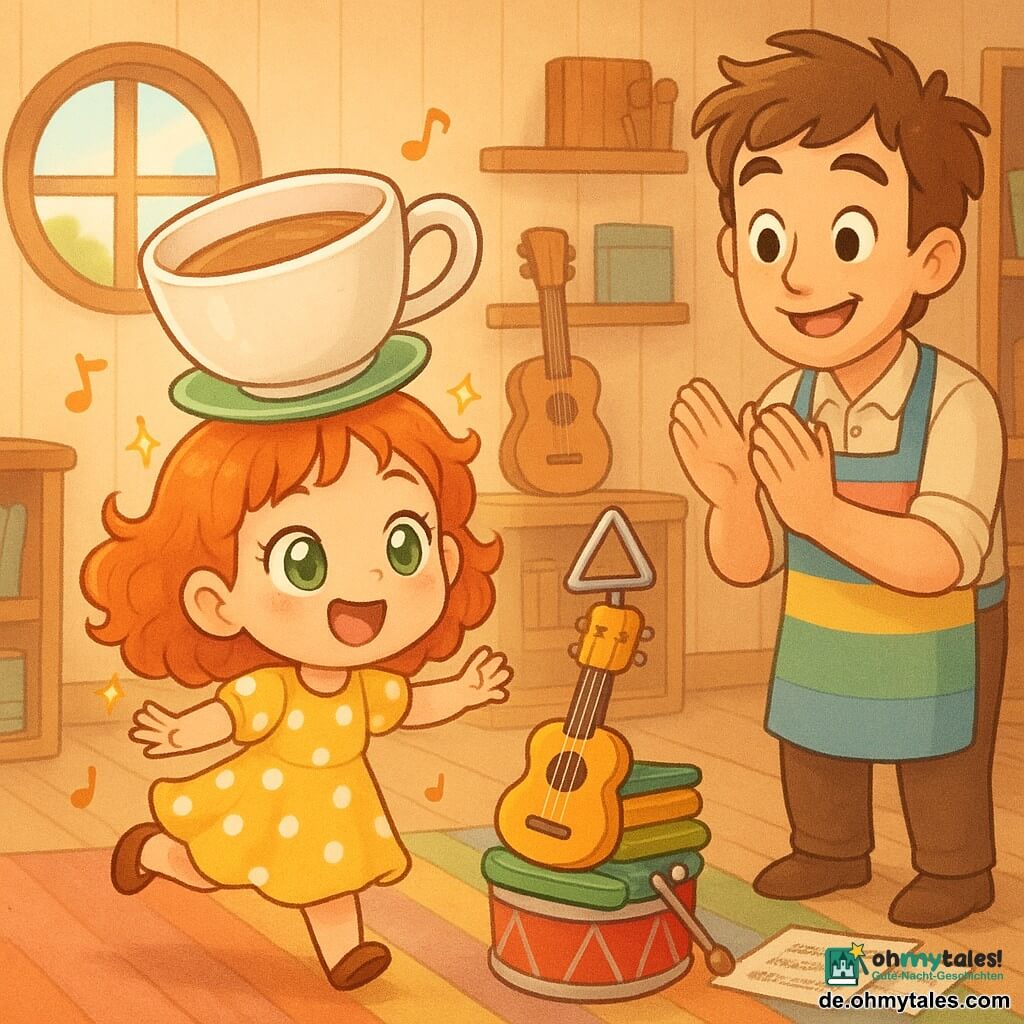 Ein 6-jähriges, strahlendes Mädchen mit roten Locken und großen grünen Augen trägt eine Teetasse als "Hut" und ein gelbes Kleid mit weißen Punkten; sie schwingt die Arme und rennt um einen selbstgestapelten Instrumententurm (rote Bass-Trommel unten, grünes Xylophon, kleine gelbe Ukulele, silbernes Triangel oben, leicht schief aber stabil). Hinter ihr steht ein etwa 40-jähriger, überrascht lächelnder Onkel mit zerzausten brünen Haaren und bunter Schürze, klatschend neben einem Regal. Das kleine, warme Musikstudio hat helle Holzwände, bunten Teppich, Instrumentenregale, ein rundes Fenster mit goldenem Sonnenstrahl und verstreute Noten; Szene in süßer Sieg- und Spielstimmung, chibi-artige übertriebene Mimik, weiche Schatten, warmes Licht, glatte Texturen, schwebende Noten und kleine funkelnde Sterne um das Mädchen.