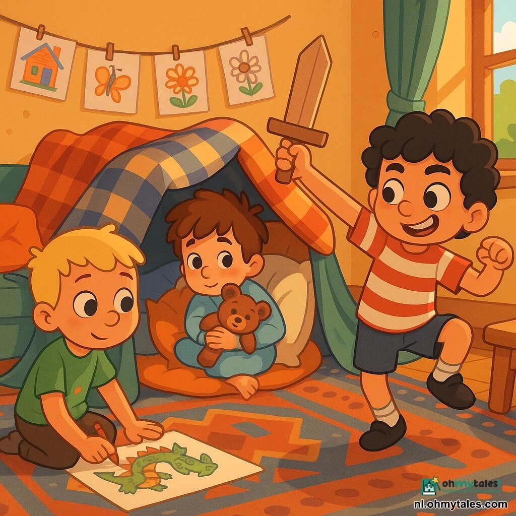 Drie jongens van 6 jaar: Sam met warrig kastanjebruin haar en een wat bleke, rossige teint ligt in een dekenfort in de woonkamer met zijn teddy tegen de borst; Bas met kort blond haar en grote nieuwsgierige ogen zit links en tekent een grote kleurrijke draak; Finn met krullend zwart haar en een guitige glimlach staat rechts en doet een grappig dansje met een kartonnen zwaard. De warme, lichte woonkamer heeft een groot patroonkleed, houten salontafel, kleurrijke kussens, kindertekeningen aan de muur en een open raam dat zacht zonlicht binnenlaat; de dekenfort is gemaakt van geruite dekbedden en zachte kussens. Drie vrienden blijven binnen om voor zieke Sam te zorgen in een troostende, speelse sfeer met warme kleuren, zachte schaduwen en attente, glimlachende uitdrukkingen.