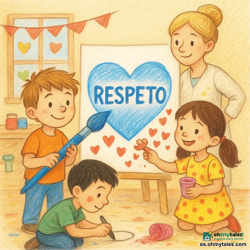 Un niño de 6 años, aliviado y orgulloso, cabello castaño claro despeinado, con manchas de pintura en los dedos y la nariz, sostiene un gran pincel azul y dibuja el contorno de un corazón azul en una gran cartulina blanca; a su derecha Luna, una niña de 5–6 años, alegre, cabello castaño en dos coletas y vestido de lunares, sostiene un frasco de purpurina rosa y añade pequeños corazones rojos alrededor; a la izquierda Mateo, niño de 6 años, concentrado, cabello negro corto y mancha de pintura roja en la mejilla, agachado dibuja un borde negro fino alrededor; la maestra —seño Clara—, mujer rubia con moño y bata clara algo manchada, sonriente y serena, guía al grupo desde atrás junto a una mesa con botes de pintura; la clase es luminosa, mesa de madera con botes coloridos, corazones recortados pegados en la ventana, guirnalda roja, suelo con pequeñas manchas y un bote de purpurina volcado; la escena muestra cuando una gran mancha azul se transforma en un corazón protector alrededor de la palabra RESPETO, con niños trabajando juntos en un ambiente cálido y colores vivos.