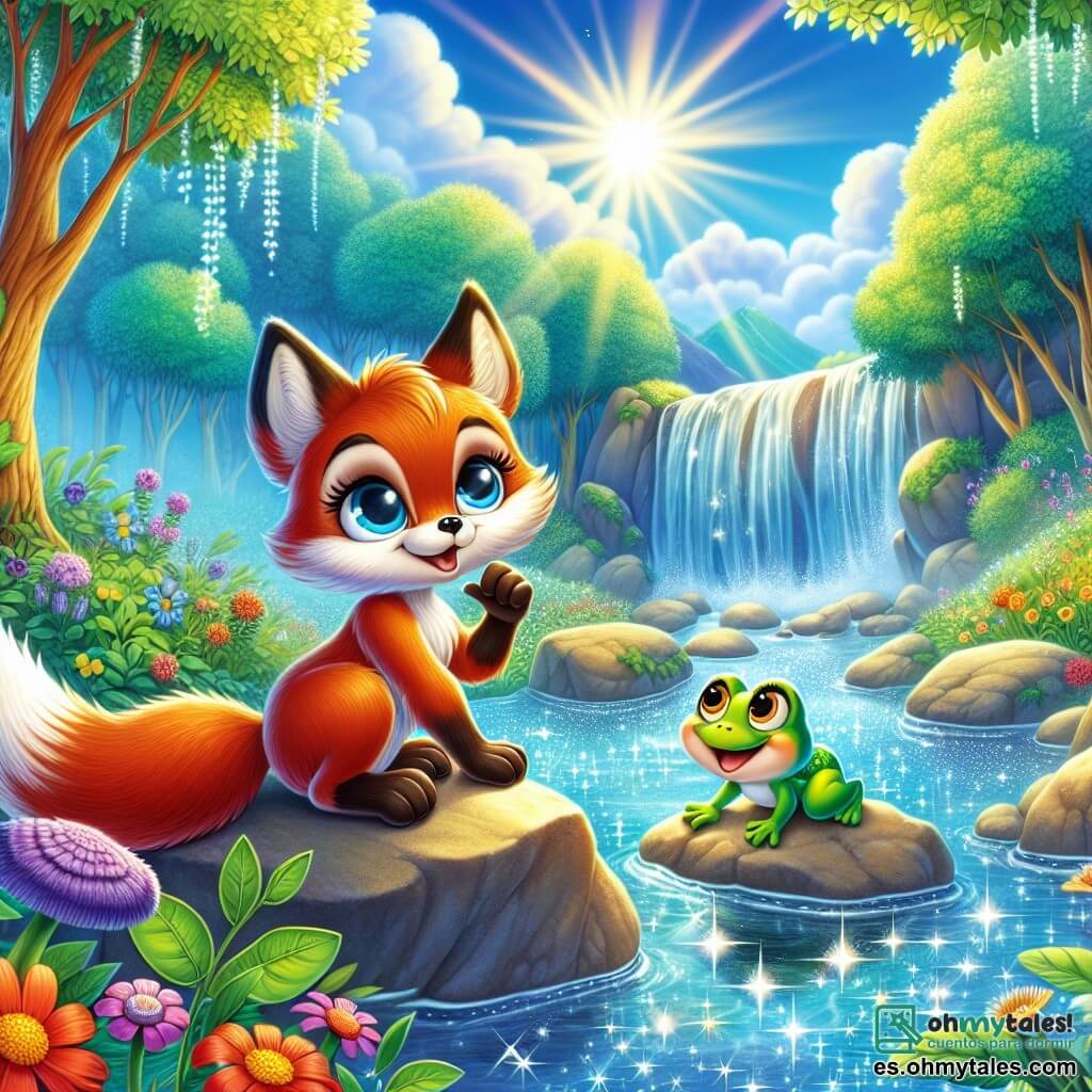 Zorrito, un zorro de pelaje dorado brillante como el sol, está al borde de un arroyo, con sus ojos curiosos brillando de emoción y determinación. Observa atentamente la superficie del agua, reflexionando sobre la verdad, con una expresión de concentración en su rostro. A su lado, Rani, una pequeña rana verde de ojos traviesos, está posada sobre una piedra, sonriendo y lista para hacer una pregunta. El paisaje es un hermoso bosque, con árboles majestuosos, flores coloridas que bailan al viento y un cielo azul con nubes blancas. El arroyo brilla bajo el sol, creando un reflejo mágico. Zorrito se prepara para responder a la pregunta de Rani sobre la verdad, simbolizando su búsqueda de sabiduría en este mundo encantador.