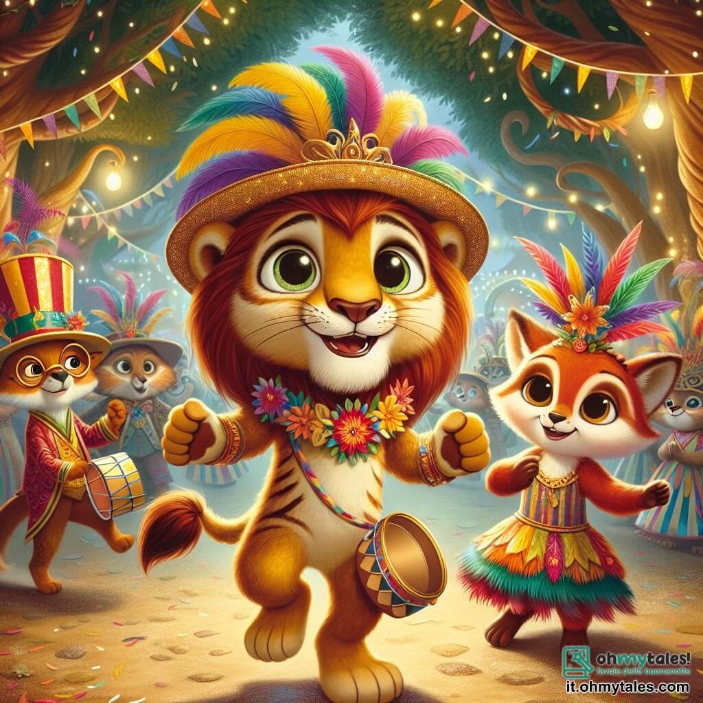 Un giovane leone dal manto dorato, di nome Leo, balla con entusiasmo in mezzo a una folla colorata, il suo viso radioso di gioia ed eccitazione. Indossa un cappello a righe multicolori e una collana di fiori, i suoi occhi brillanti riflettono lo stupore del carnevale. Accanto a lui, Clara, una volpe dai capelli rossi brillanti, sorride teneramente, vestita con un abito di piume colorate. Applaude a ritmo, i suoi occhi scintillanti di felicità, mentre si muove con grazia. Un po' più in là, Rocco, un saggio gufo dalle piume marroni, osserva la scena da un ramo. Indossa piccole occhiali rotondi e mostra un sorriso divertito, i suoi occhi rotondi brillanti di malizia, mentre tiene un piccolo tamburo. Il luogo è un villaggio incantato, illuminato, con alberi dai tronchi contorti e fiori giganti che danzano al ritmo della musica. La scena principale mostra Leo e i suoi amici che si divertono insieme in una parata di carnevale, circondati da animali in costume, in un'atmosfera festosa piena di musica, risate e colori vivaci.